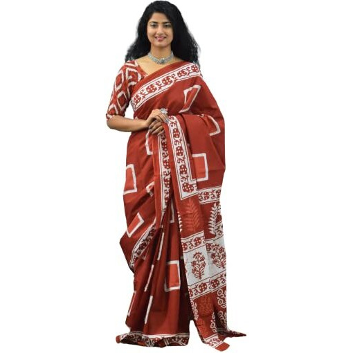 JALTHER Handicrafts Womens Ikat Hand Block Print Jaipuri Cotton Mulmul Saree with Blouse Piece - Maroon_113
