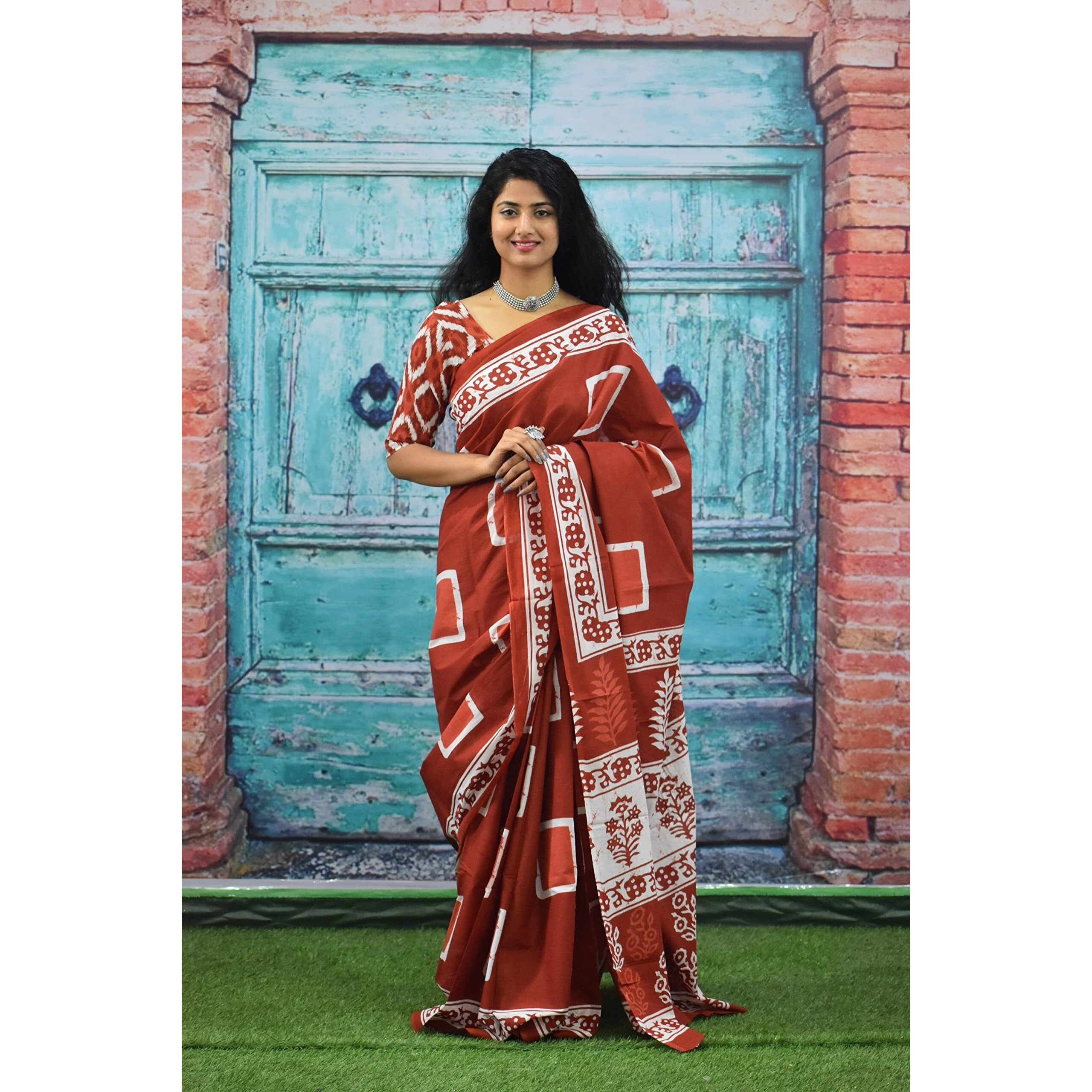 JALTHER Handicrafts Womens Ikat Hand Block Print Jaipuri Cotton Mulmul Saree with Blouse Piece - Maroon_113