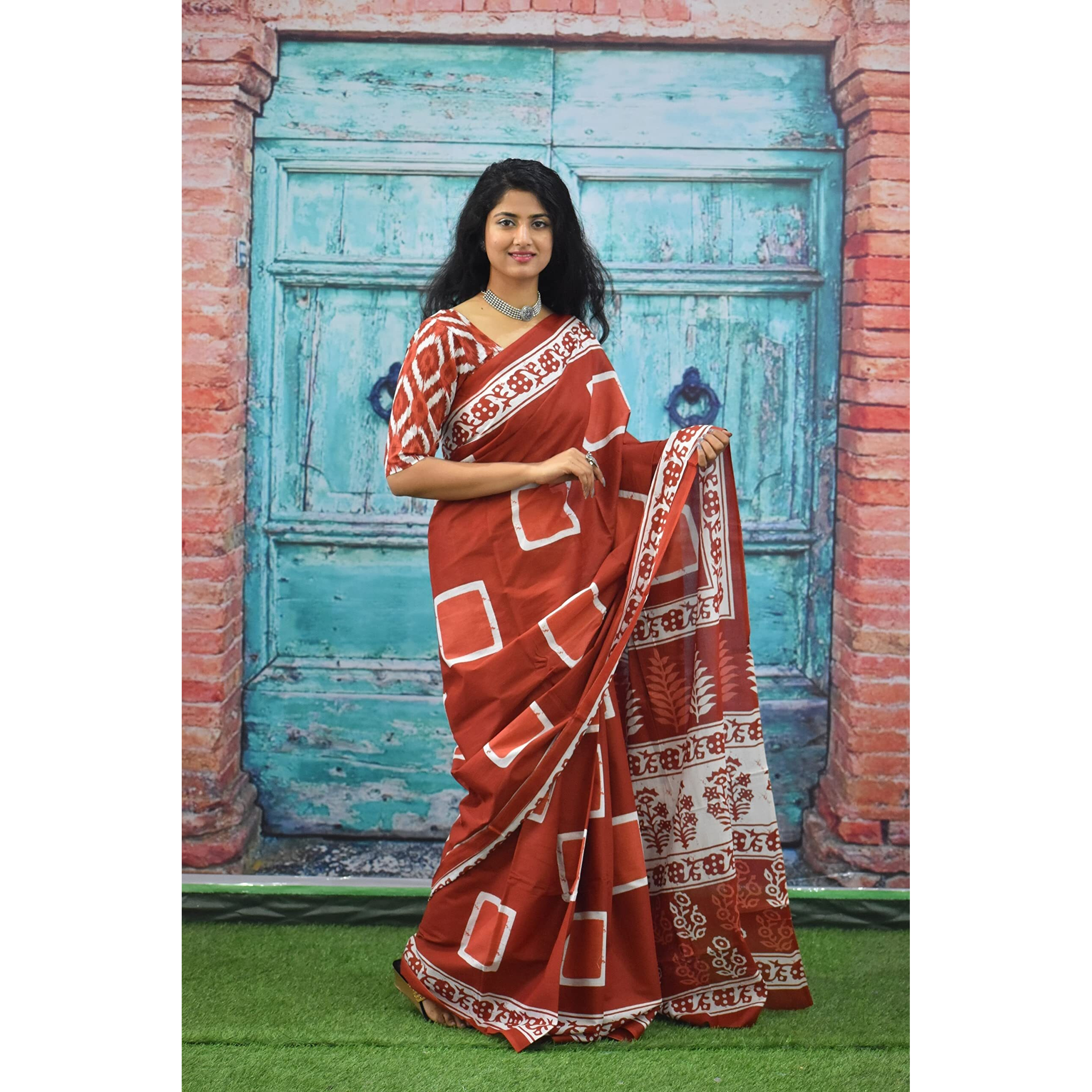 JALTHER Handicrafts Womens Ikat Hand Block Print Jaipuri Cotton Mulmul Saree with Blouse Piece - Maroon_113
