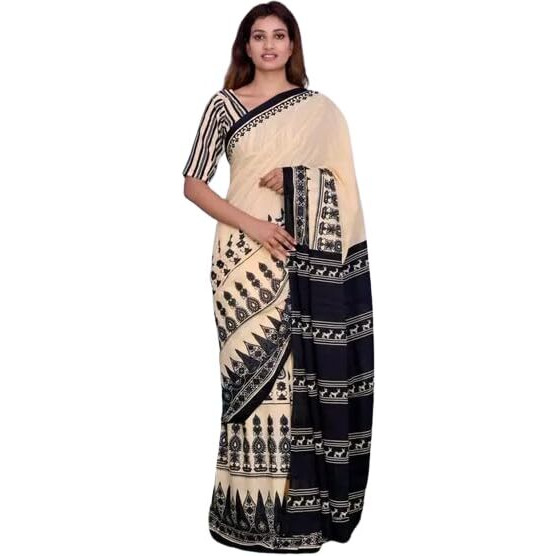 JALTHER Handicrafts Womens Ikat Hand Block Print Jaipuri Cotton Mulmul Saree with Blouse Piece -Cream_6