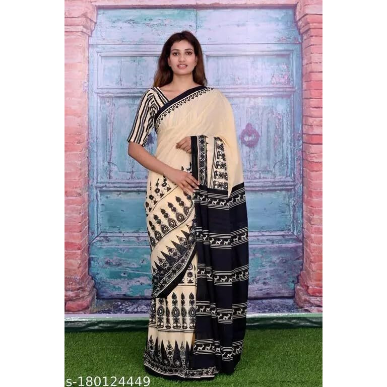JALTHER Handicrafts Womens Ikat Hand Block Print Jaipuri Cotton Mulmul Saree with Blouse Piece -Cream_6