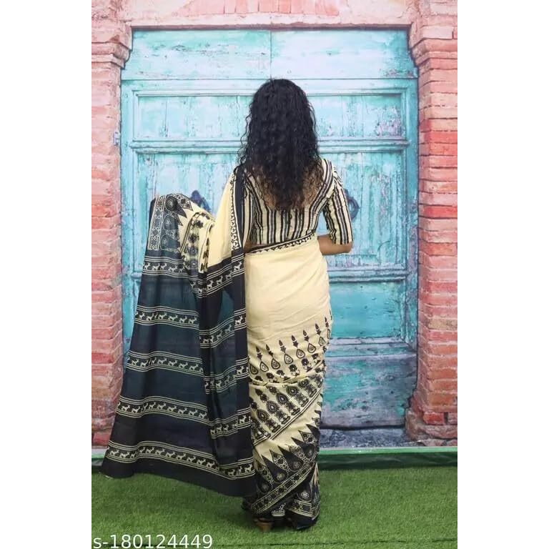 JALTHER Handicrafts Womens Ikat Hand Block Print Jaipuri Cotton Mulmul Saree with Blouse Piece -Cream_6