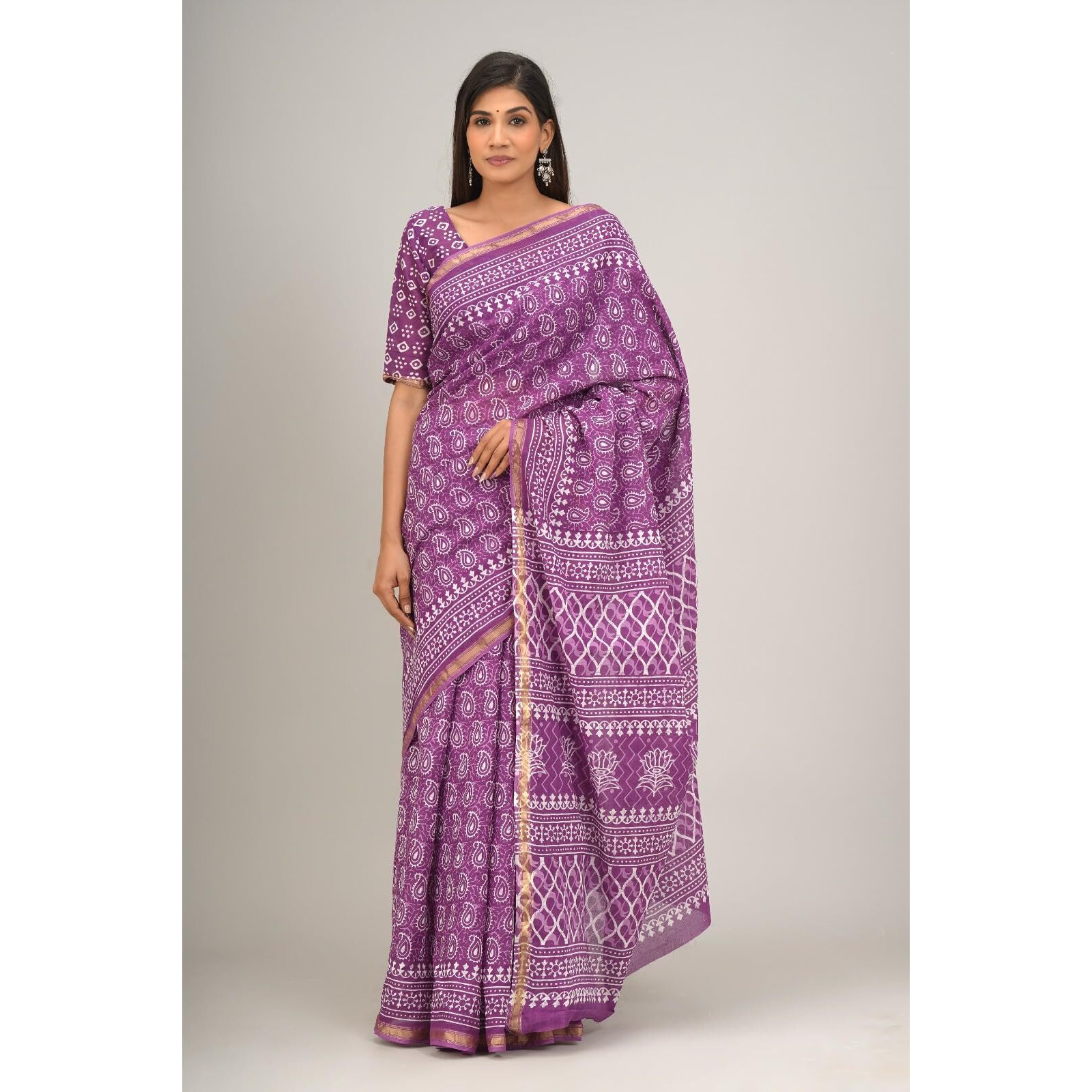 JALTHER Handicrafts Womens Ikat Hand Block Print Jaipuri Cotton Mulmul Saree Zari Border with Blouse Piece Purple