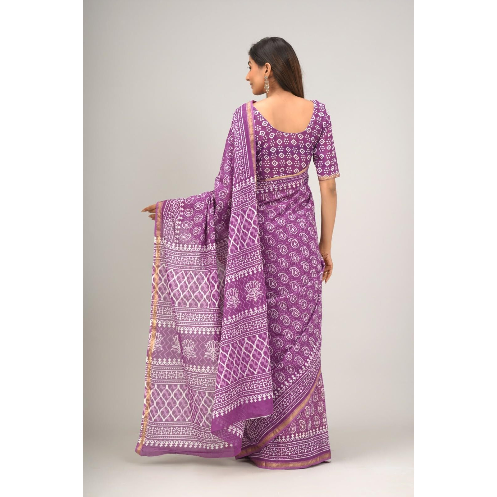 JALTHER Handicrafts Womens Ikat Hand Block Print Jaipuri Cotton Mulmul Saree Zari Border with Blouse Piece Purple