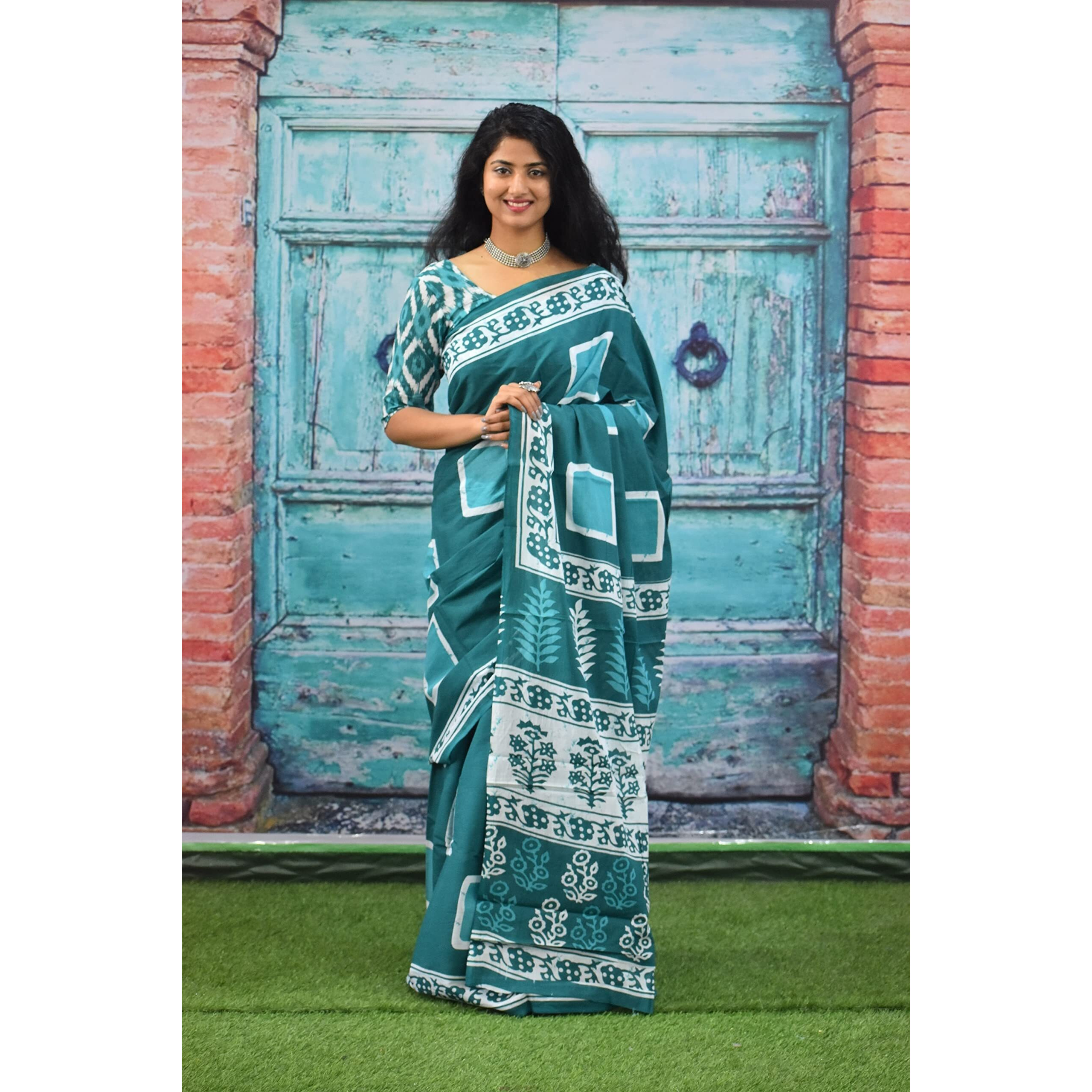 JALTHER Handicrafts Womens Ikat Hand Block Print Jaipuri Cotton Mulmul Saree with Blouse Piece - Turquiose_115