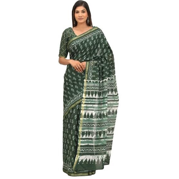 JALTHER Handicrafts Womens Ikat Hand Block Print Jaipuri Cotton Mulmul Saree Zari Border with Blouse Piece Green