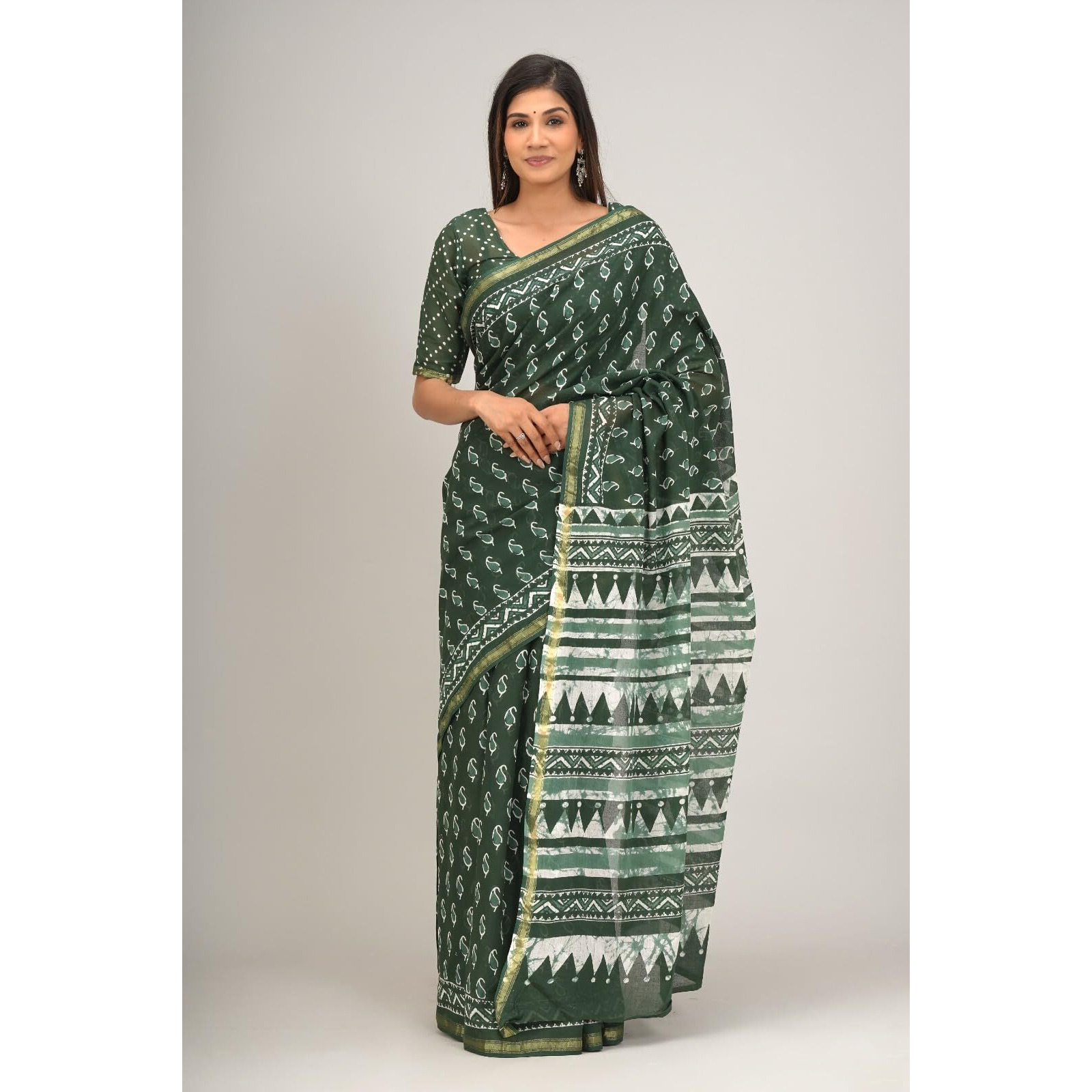 JALTHER Handicrafts Womens Ikat Hand Block Print Jaipuri Cotton Mulmul Saree Zari Border with Blouse Piece Green