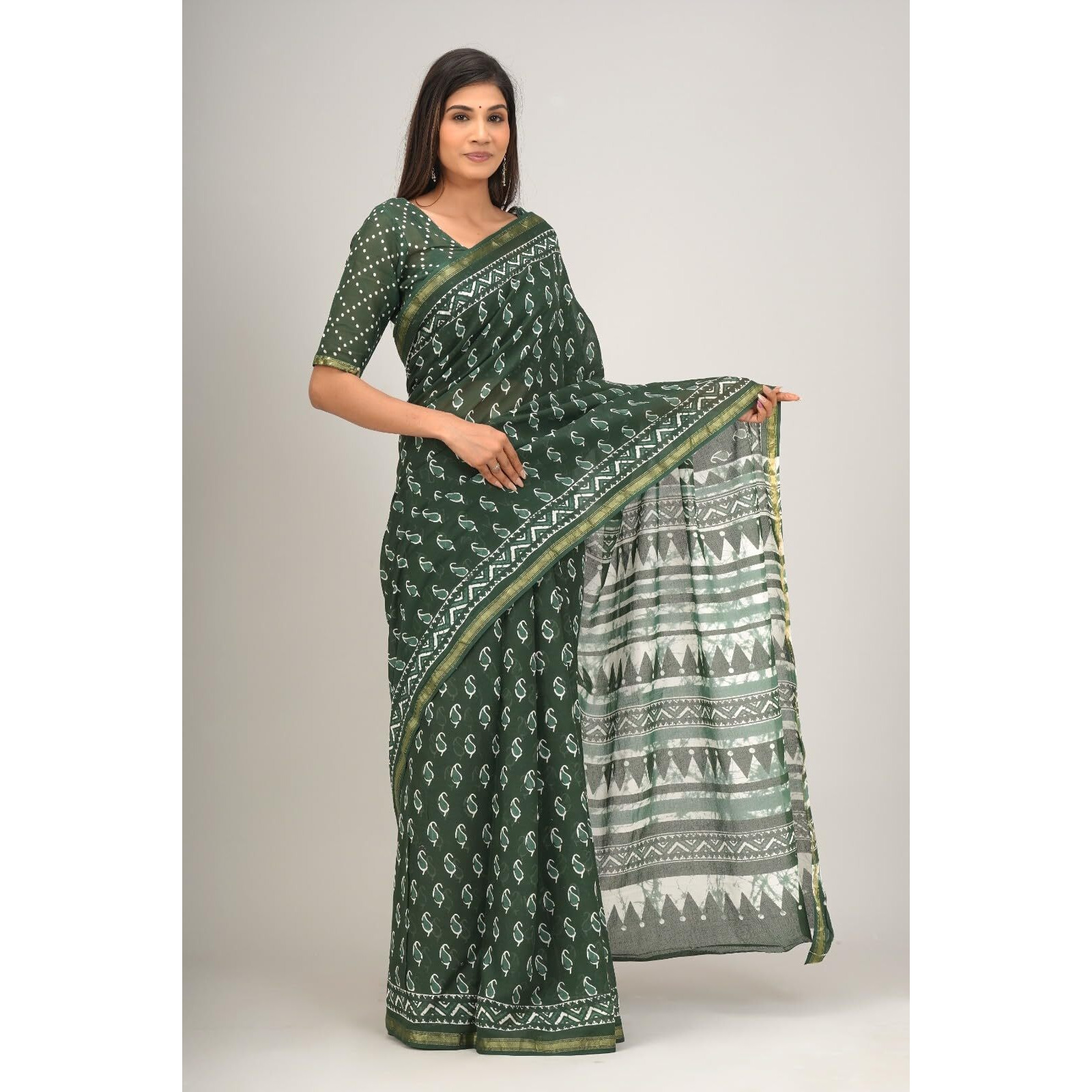 JALTHER Handicrafts Womens Ikat Hand Block Print Jaipuri Cotton Mulmul Saree Zari Border with Blouse Piece Green