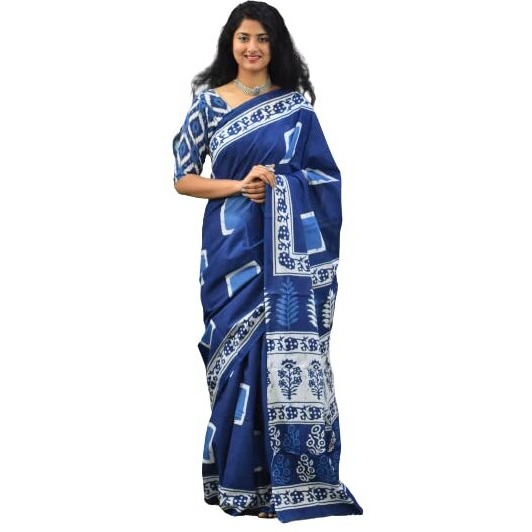 JALTHER Handicrafts Womens Ikat Hand Block Print Jaipuri Cotton Mulmul Saree with Blouse Piece - Blue_114