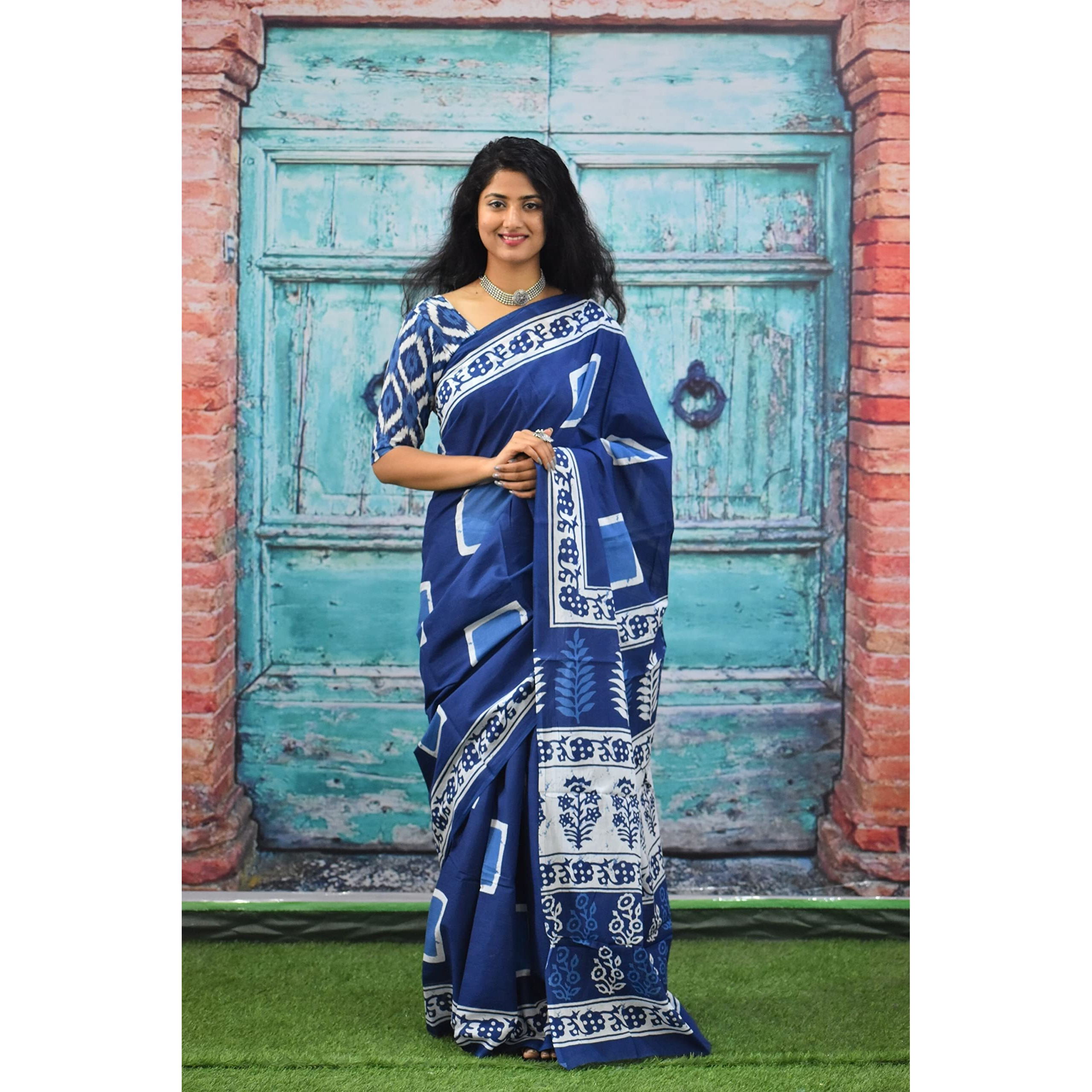 JALTHER Handicrafts Womens Ikat Hand Block Print Jaipuri Cotton Mulmul Saree with Blouse Piece - Blue_114