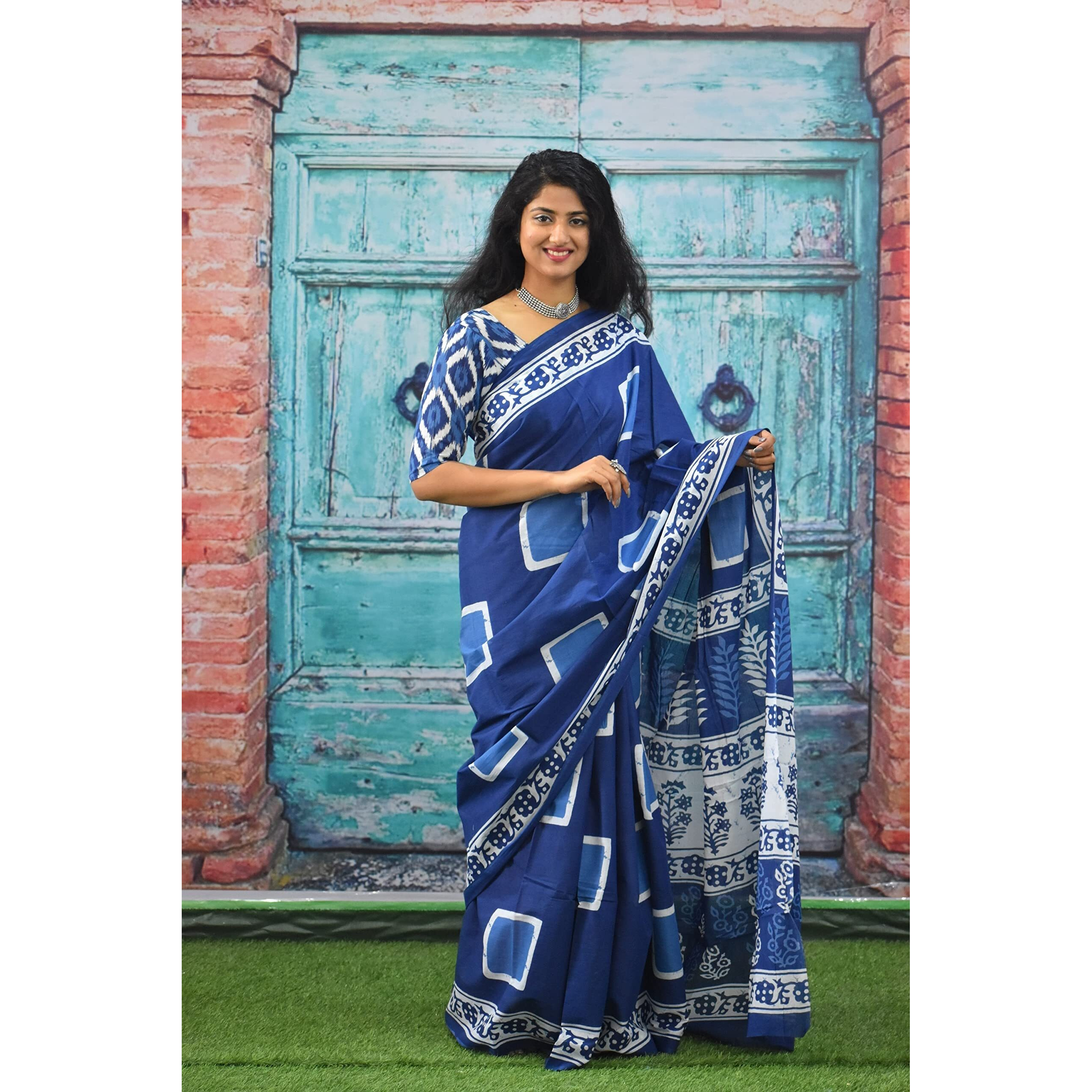 JALTHER Handicrafts Womens Ikat Hand Block Print Jaipuri Cotton Mulmul Saree with Blouse Piece - Blue_114