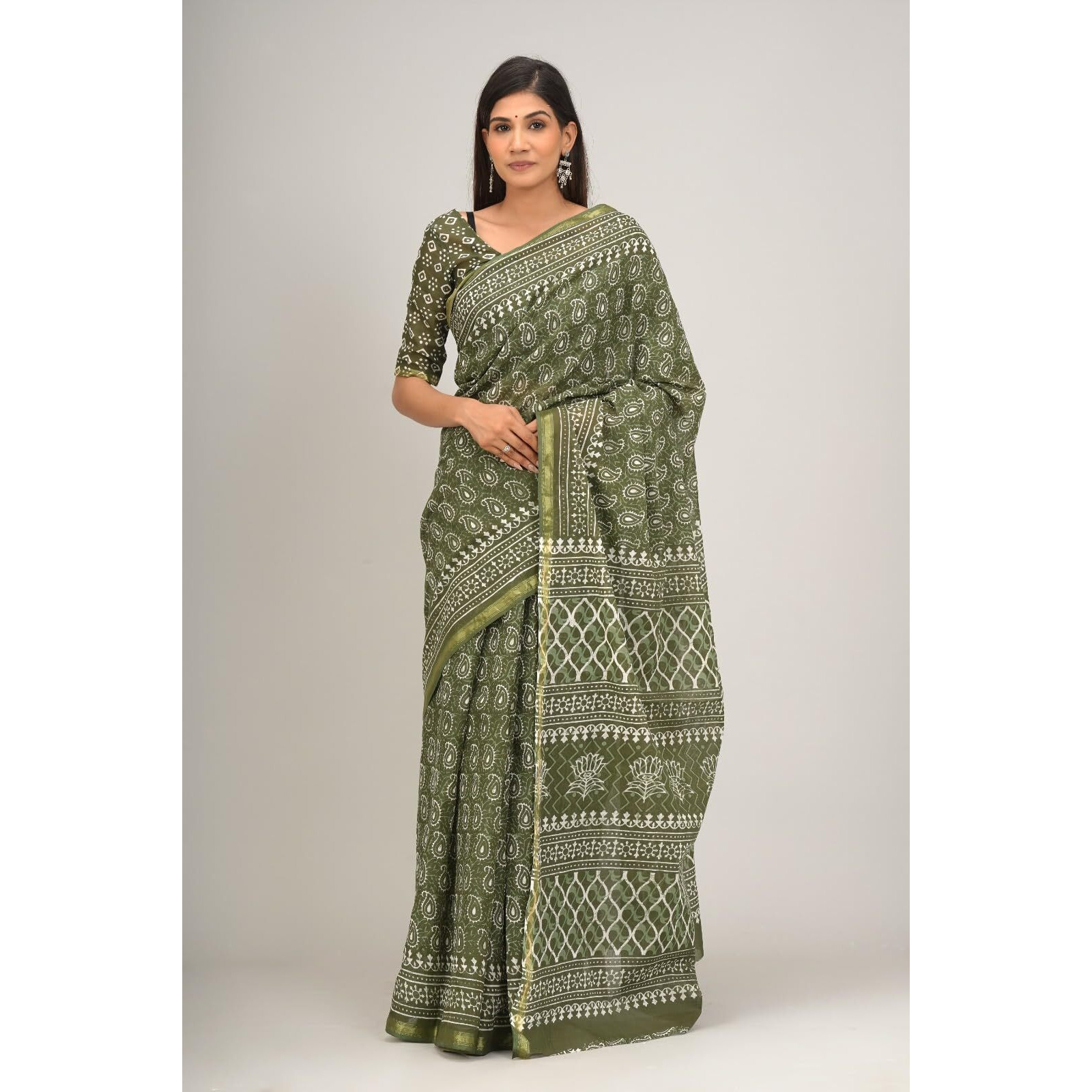 JALTHER Handicrafts Womens Ikat Hand Block Print Jaipuri Cotton Mulmul Saree Zari Border with Blouse Piece Green
