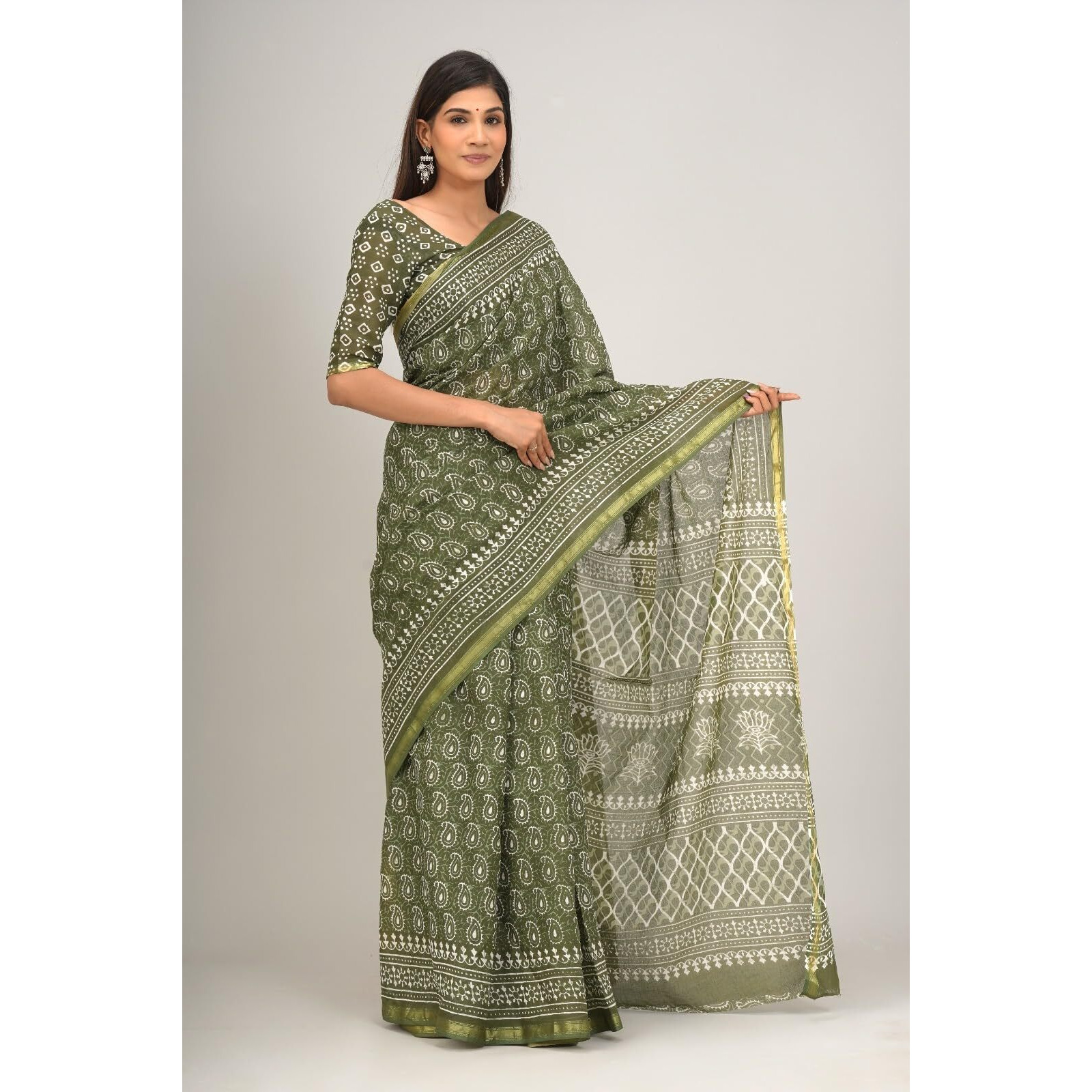 JALTHER Handicrafts Womens Ikat Hand Block Print Jaipuri Cotton Mulmul Saree Zari Border with Blouse Piece Green