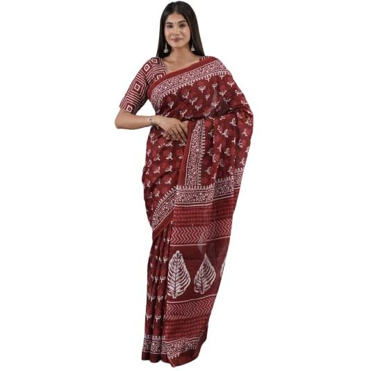 JALTHER Handicrafts Womens Ikat Hand Block Print Jaipuri Cotton Mulmul Saree with Blouse Piece -Maroon_7