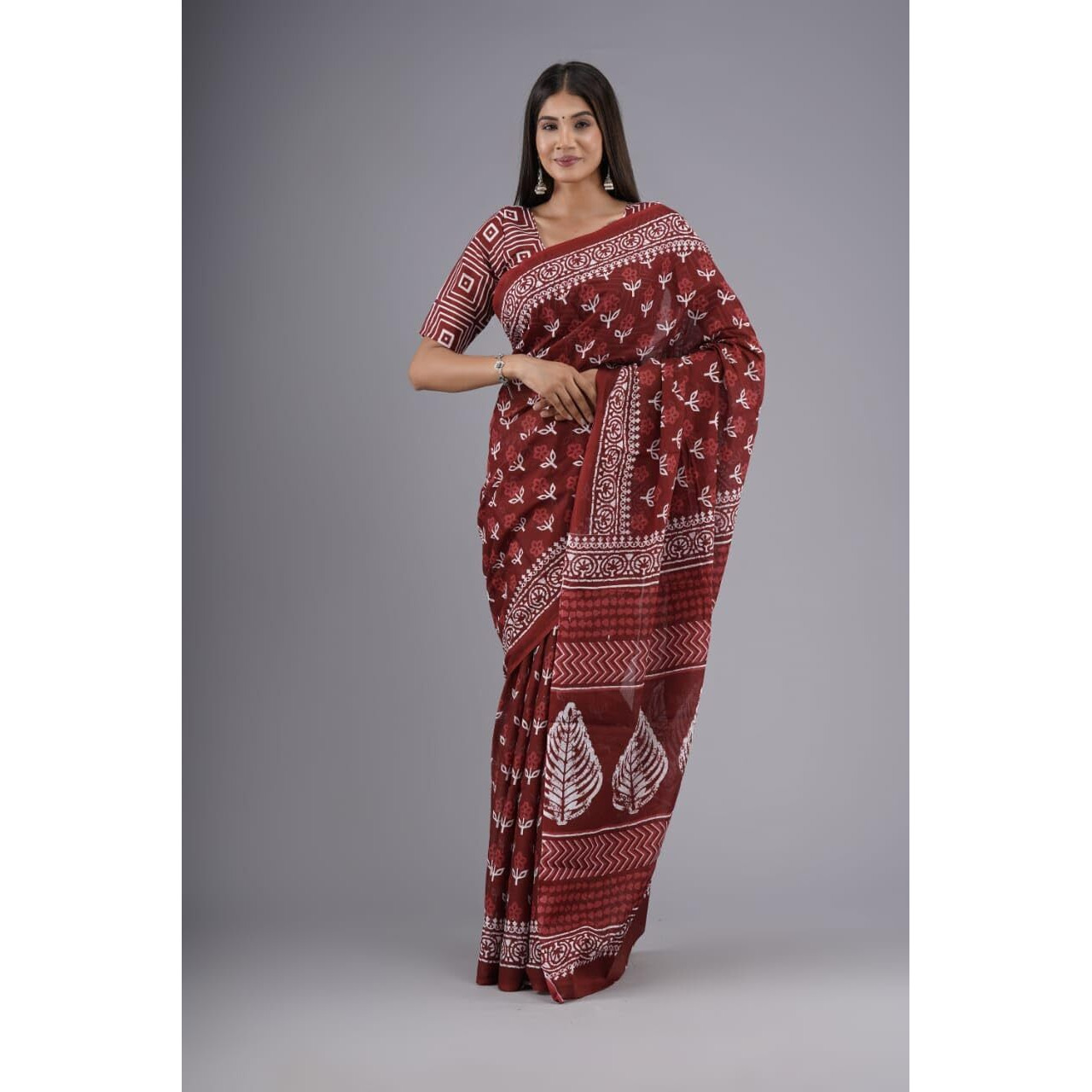 JALTHER Handicrafts Womens Ikat Hand Block Print Jaipuri Cotton Mulmul Saree with Blouse Piece -Maroon_7