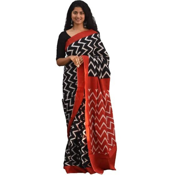 JALTHER Handicrafts Womens Ikat Hand Block Print Jaipuri Cotton Mulmul Saree Zari Border with Blouse Piece Mustard