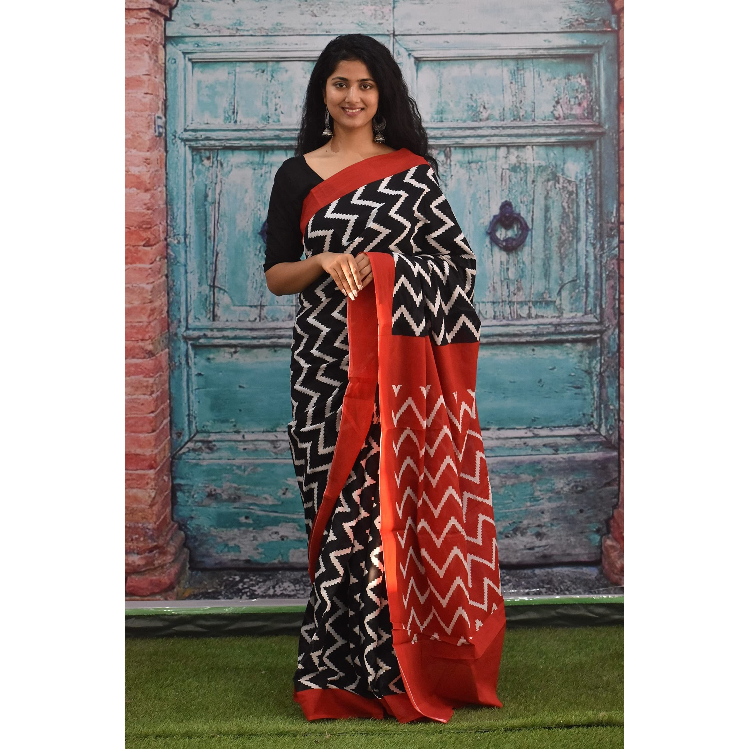 JALTHER Handicrafts Womens Ikat Hand Block Print Jaipuri Cotton Mulmul Saree Zari Border with Blouse Piece Mustard