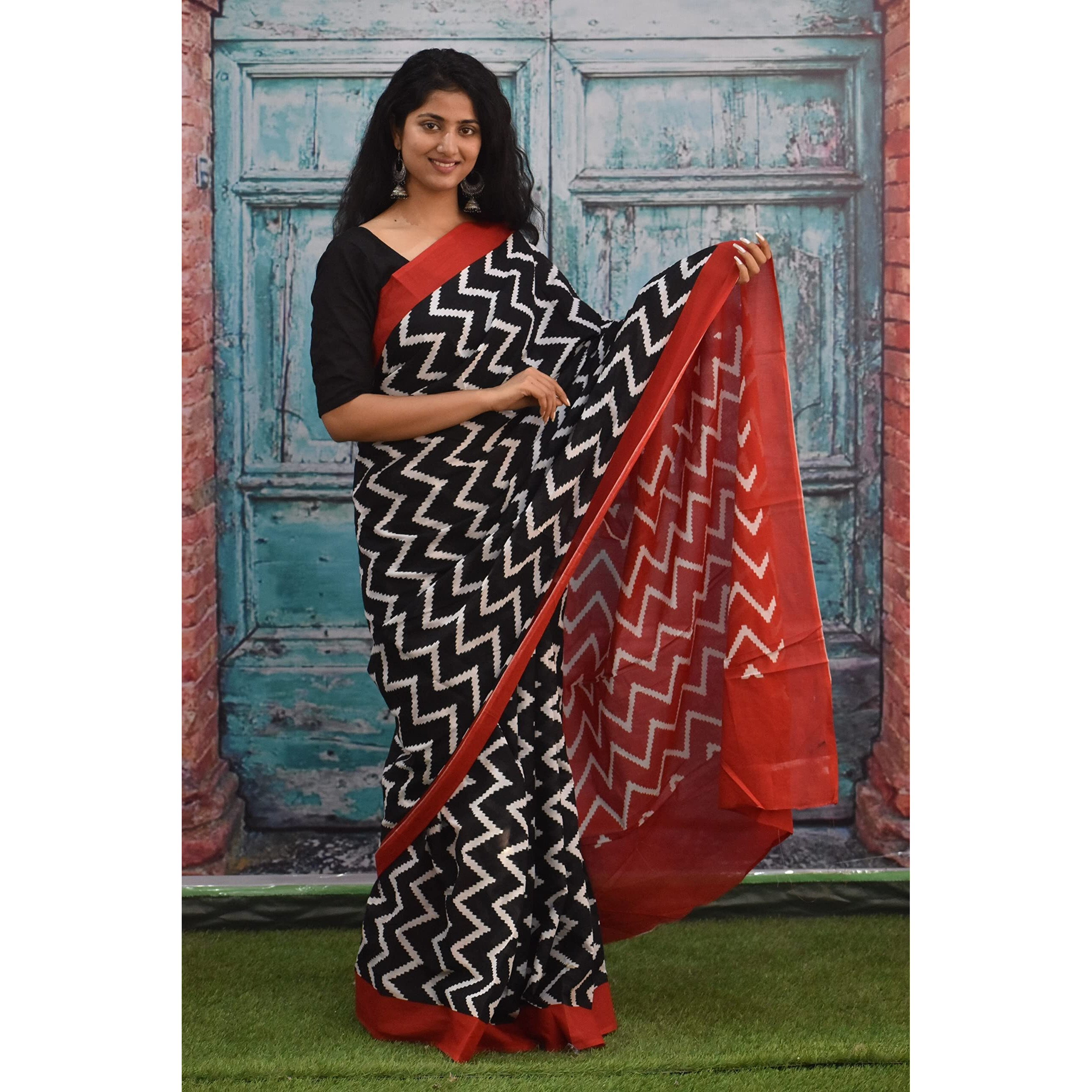 JALTHER Handicrafts Womens Ikat Hand Block Print Jaipuri Cotton Mulmul Saree Zari Border with Blouse Piece Mustard