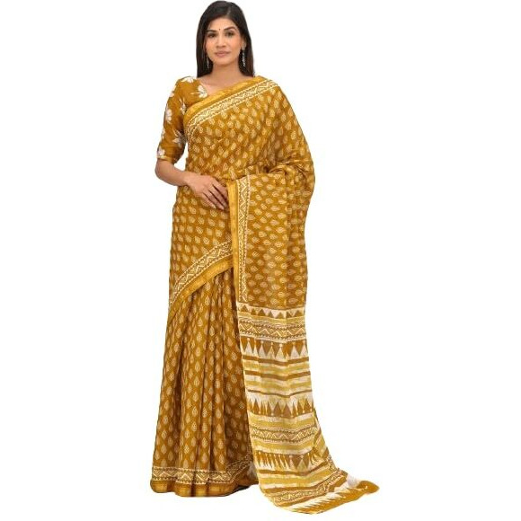JALTHER Handicrafts Womens Ikat Hand Block Print Jaipuri Cotton Mulmul Saree Zari Border with Blouse Piece Yellow