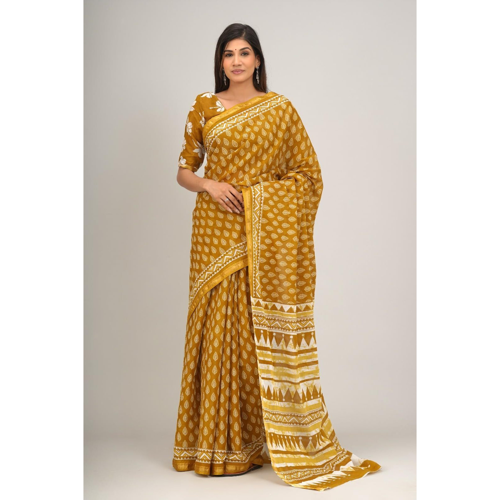 JALTHER Handicrafts Womens Ikat Hand Block Print Jaipuri Cotton Mulmul Saree Zari Border with Blouse Piece Yellow