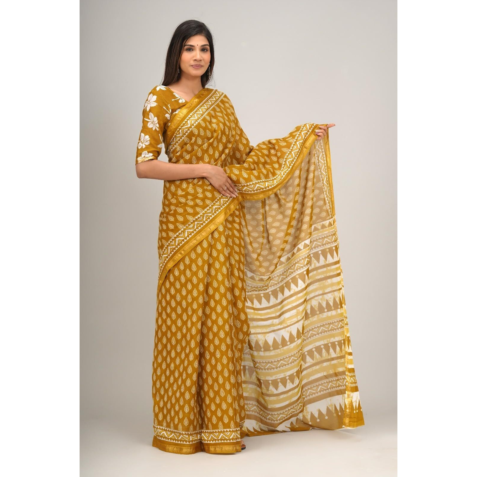 JALTHER Handicrafts Womens Ikat Hand Block Print Jaipuri Cotton Mulmul Saree Zari Border with Blouse Piece Yellow