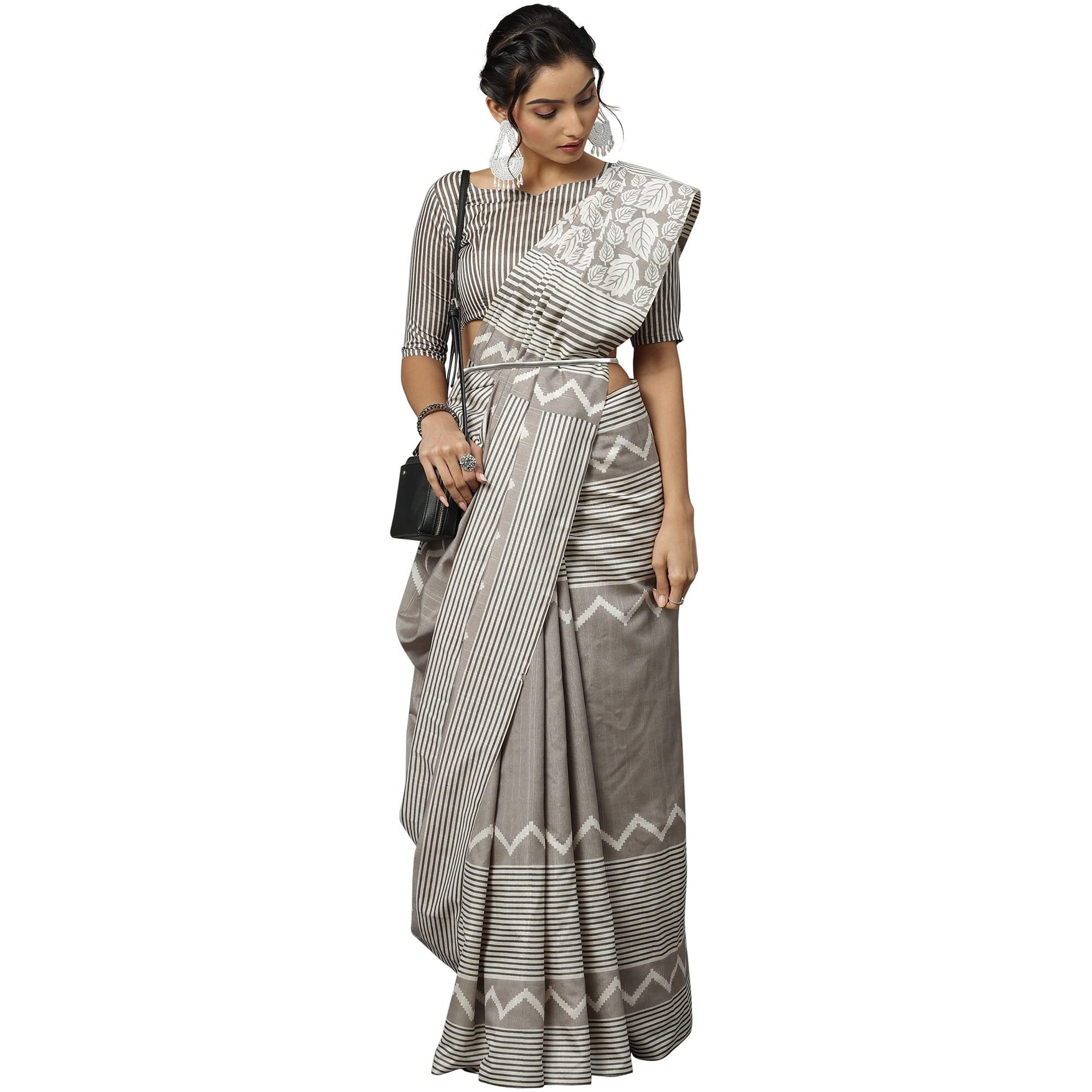 AKHILAM Womens Bhagalpuri Silk Geometric Printed Tant Saree with Unstitched Blouse Piece (Grey_18WOM18908)
