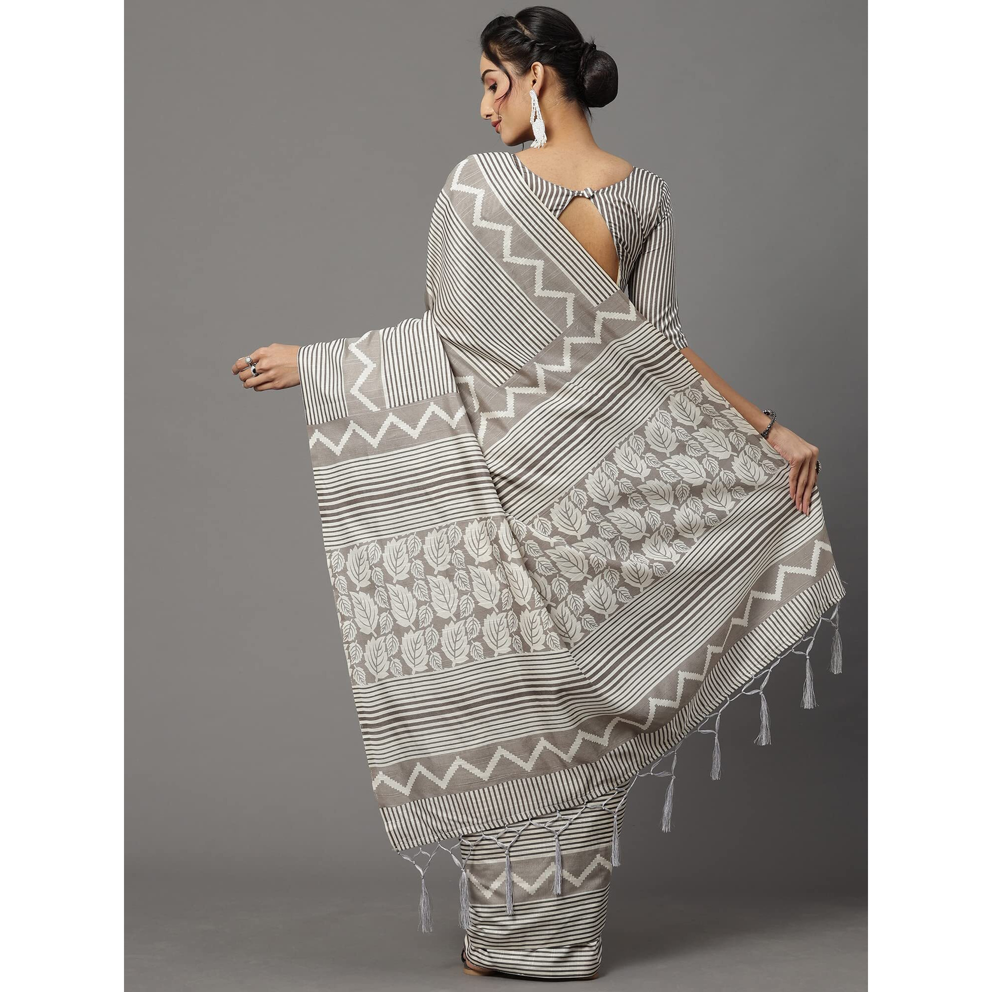 AKHILAM Womens Bhagalpuri Silk Geometric Printed Tant Saree with Unstitched Blouse Piece (Grey_18WOM18908)
