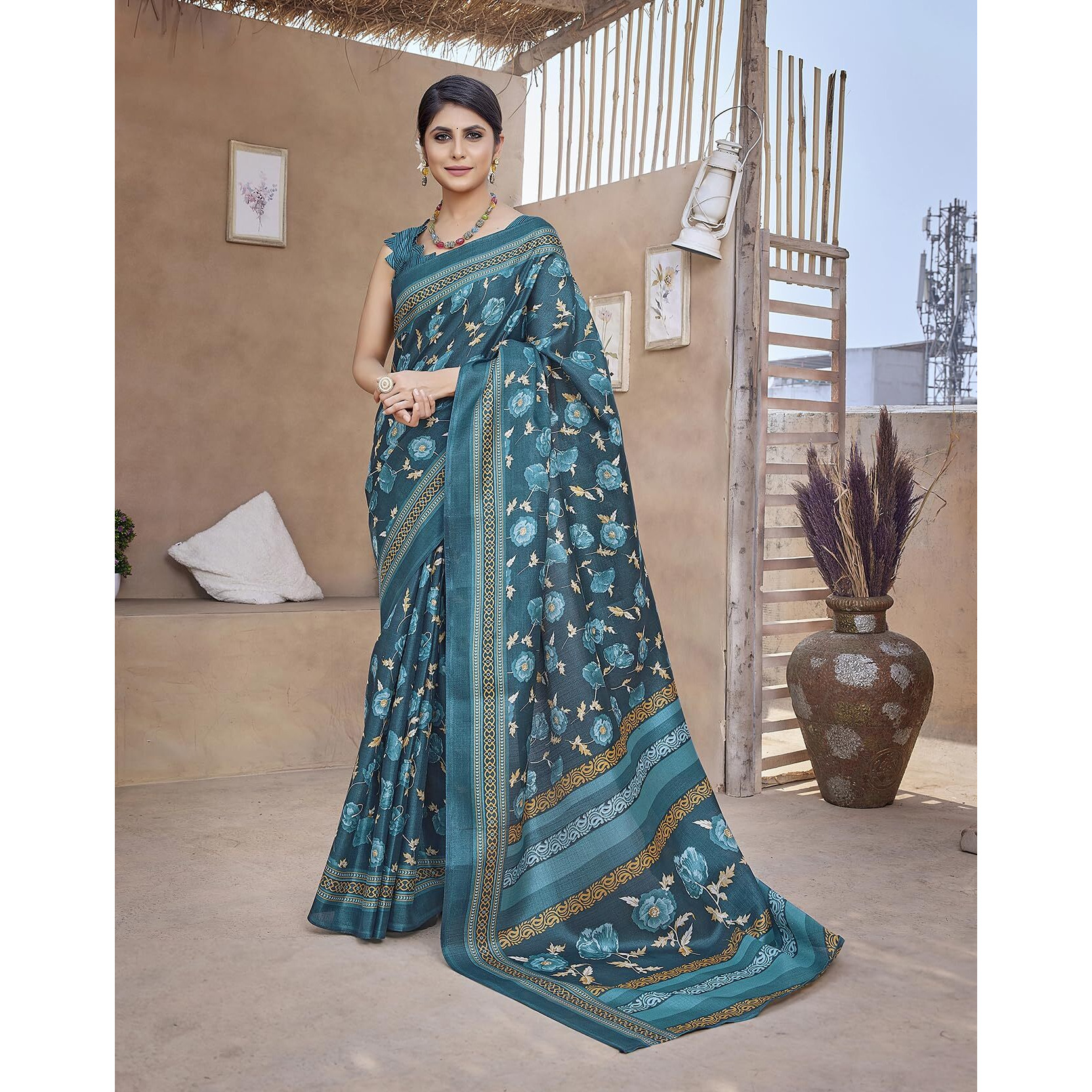 Yashika Womens Printed Trendy Art Silk Saree with Blouse Material||Rama Coloured Art Silk Saree||AZ-YS-P1-GULZAR RAMA