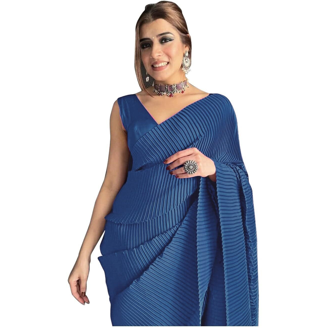 Sidhidata Womens Full CrushedPleated Satin Saree With Unstitched Blouse Piece (B Rama)