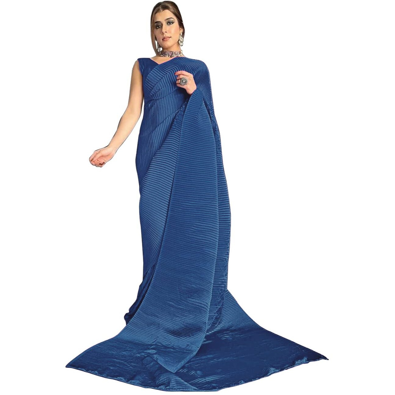 Sidhidata Womens Full CrushedPleated Satin Saree With Unstitched Blouse Piece (B Rama)