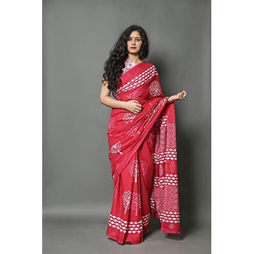 JALTHER Handicrafts Womens Ikat Hand Block Print Jaipuri Cotton Mulmul Saree with Blouse Piece - _SH_89