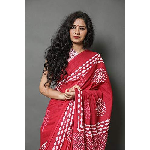 JALTHER Handicrafts Womens Ikat Hand Block Print Jaipuri Cotton Mulmul Saree with Blouse Piece - _SH_89