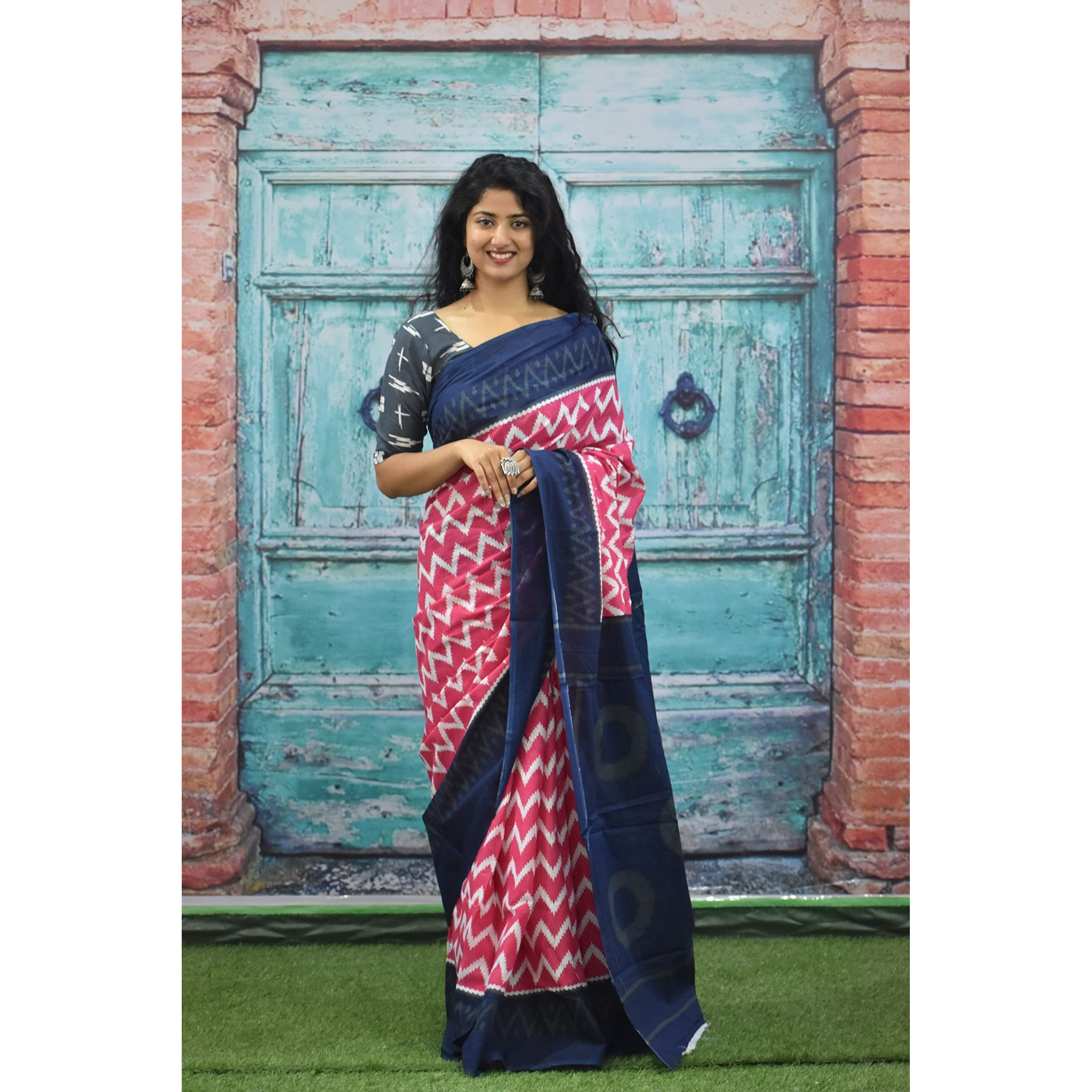 JALTHER Handicrafts Womens Ikat Hand Block Print Jaipuri Cotton Mulmul Saree Zari Border with Blouse Piece Maroon