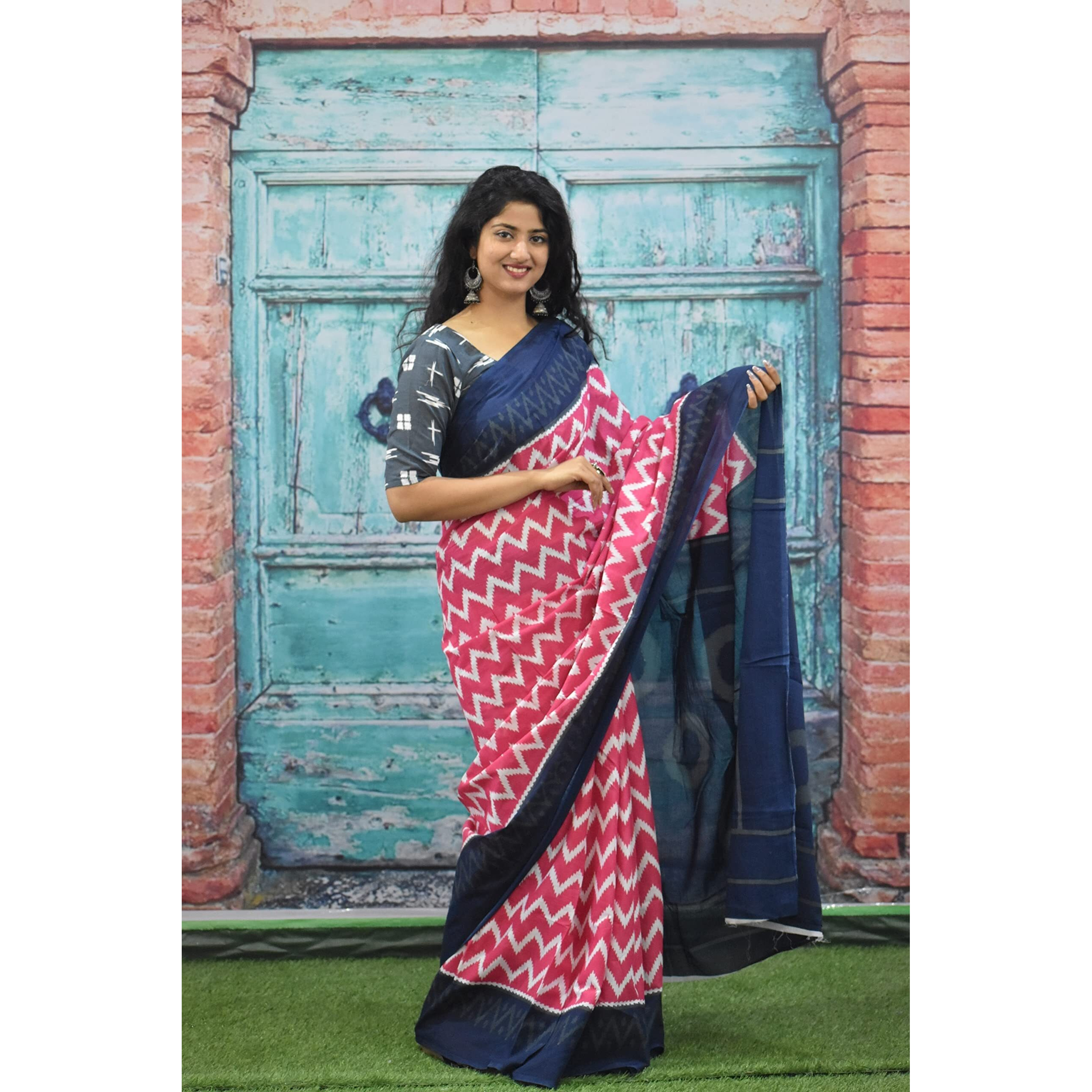 JALTHER Handicrafts Womens Ikat Hand Block Print Jaipuri Cotton Mulmul Saree Zari Border with Blouse Piece Maroon