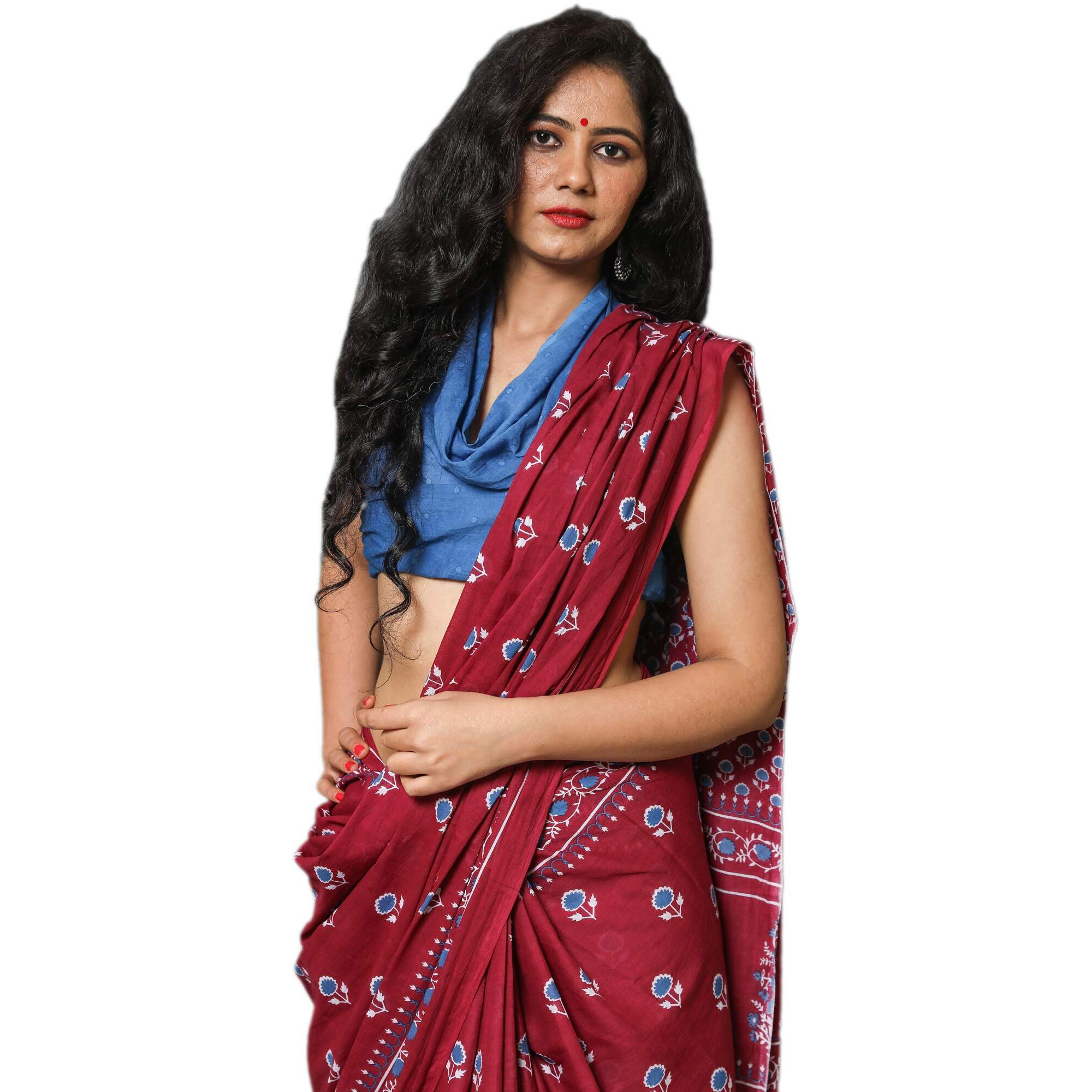JALTHER Handicrafts Womens Ikat Hand Block Print Jaipuri Cotton Mulmul Saree with Blouse Piece - _SH_86
