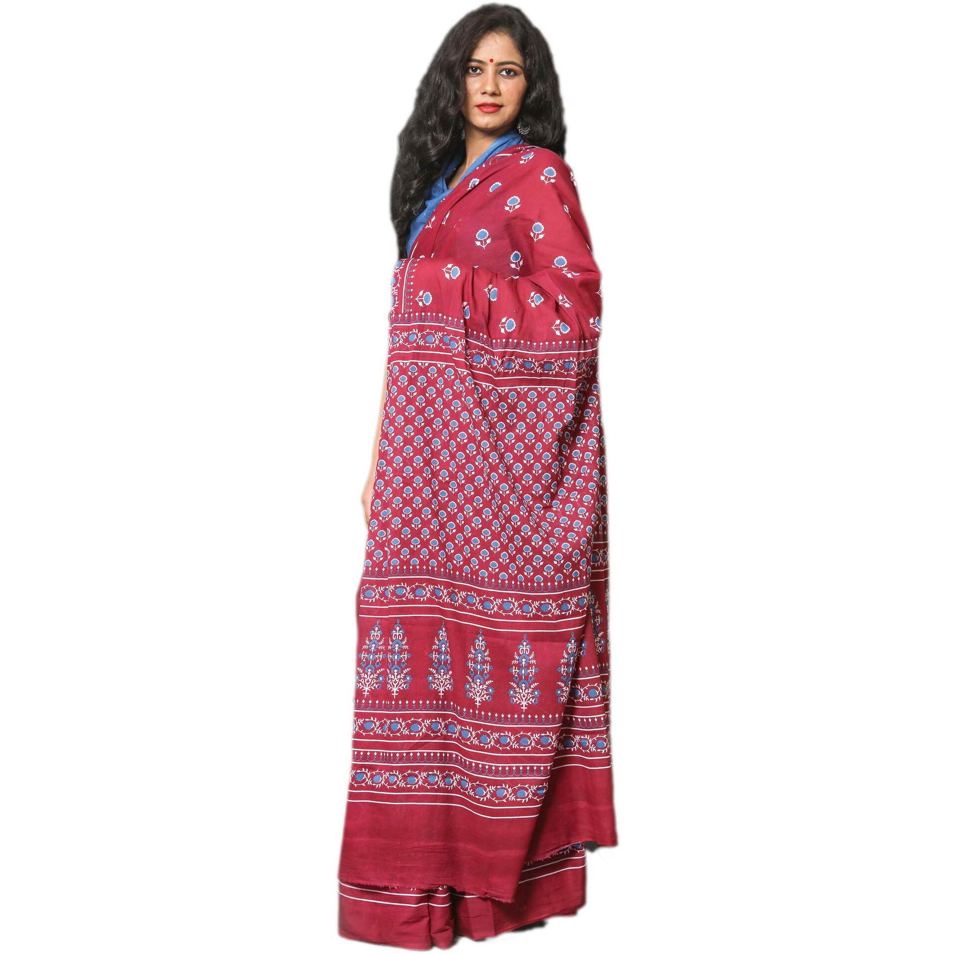JALTHER Handicrafts Womens Ikat Hand Block Print Jaipuri Cotton Mulmul Saree with Blouse Piece - _SH_86
