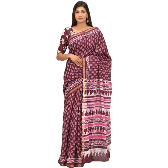 JALTHER Handicrafts Womens Ikat Hand Block Print Jaipuri Cotton Mulmul Saree Zari Border with Blouse Piece Maroon