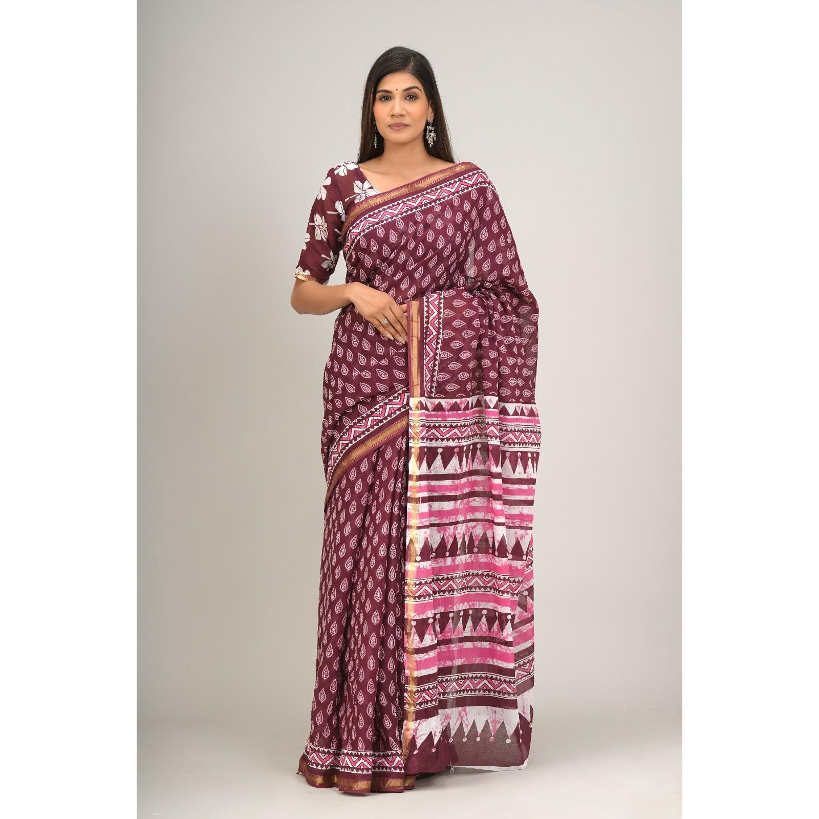 JALTHER Handicrafts Womens Ikat Hand Block Print Jaipuri Cotton Mulmul Saree Zari Border with Blouse Piece Maroon