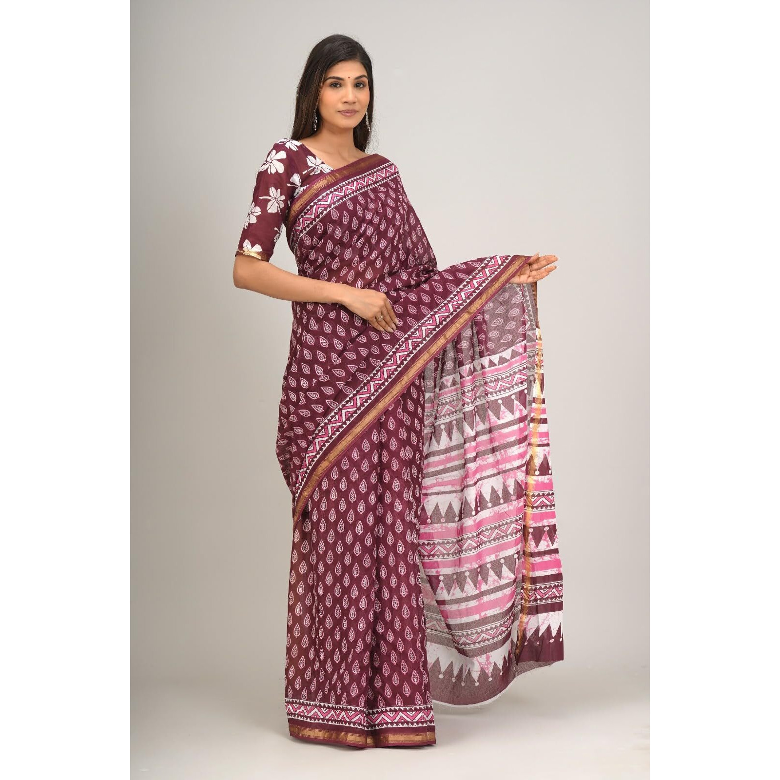 JALTHER Handicrafts Womens Ikat Hand Block Print Jaipuri Cotton Mulmul Saree Zari Border with Blouse Piece Maroon