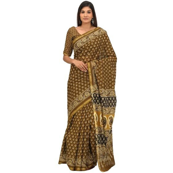JALTHER Handicrafts Womens Ikat Hand Block Print Jaipuri Cotton Mulmul Saree Zari Border with Blouse Piece Mustard
