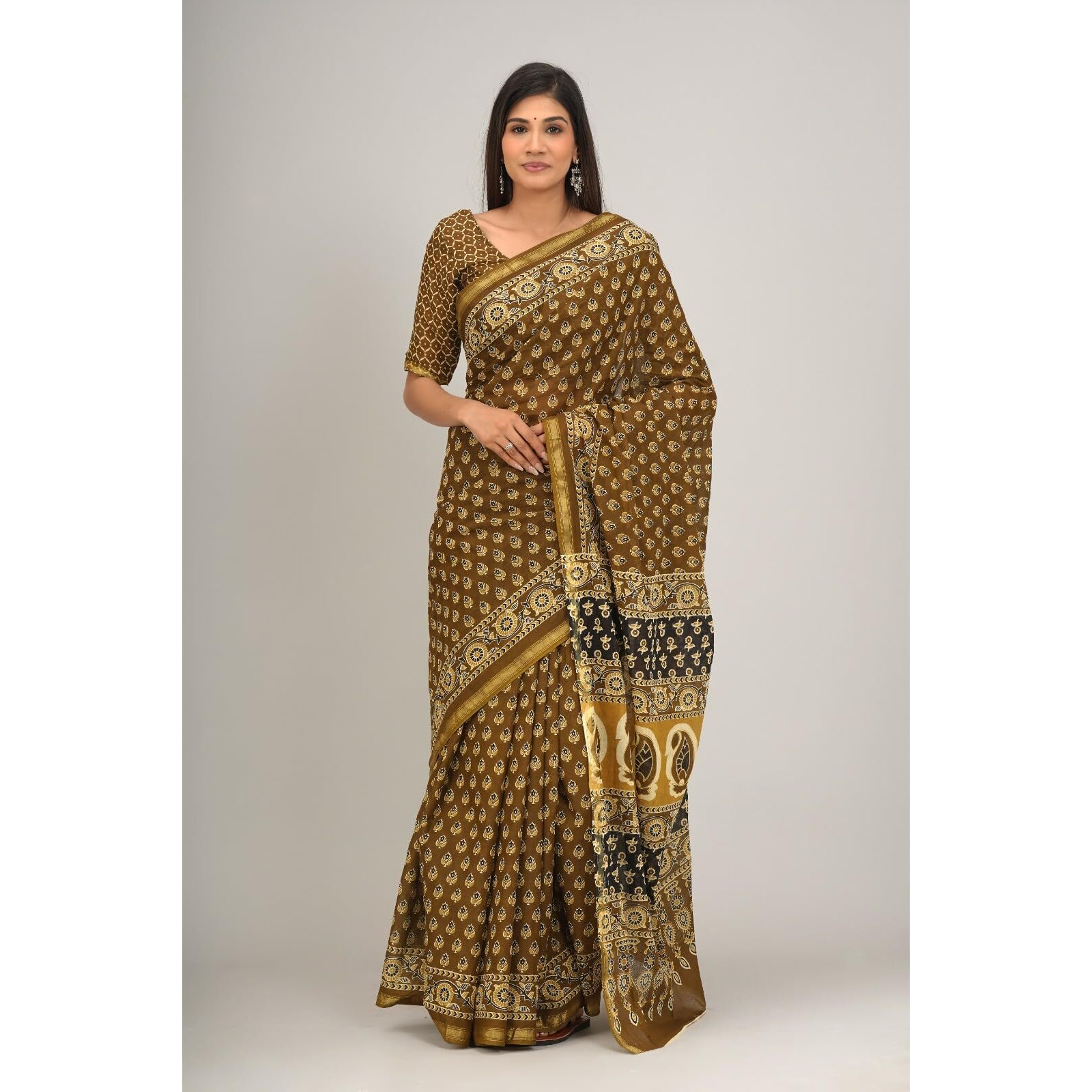 JALTHER Handicrafts Womens Ikat Hand Block Print Jaipuri Cotton Mulmul Saree Zari Border with Blouse Piece Mustard