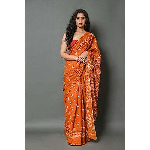 JALTHER Handicrafts Womens Ikat Hand Block Print Jaipuri Cotton Mulmul Saree with Blouse Piece - _SH_93
