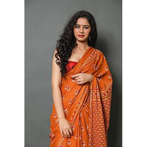 JALTHER Handicrafts Womens Ikat Hand Block Print Jaipuri Cotton Mulmul Saree with Blouse Piece - _SH_93