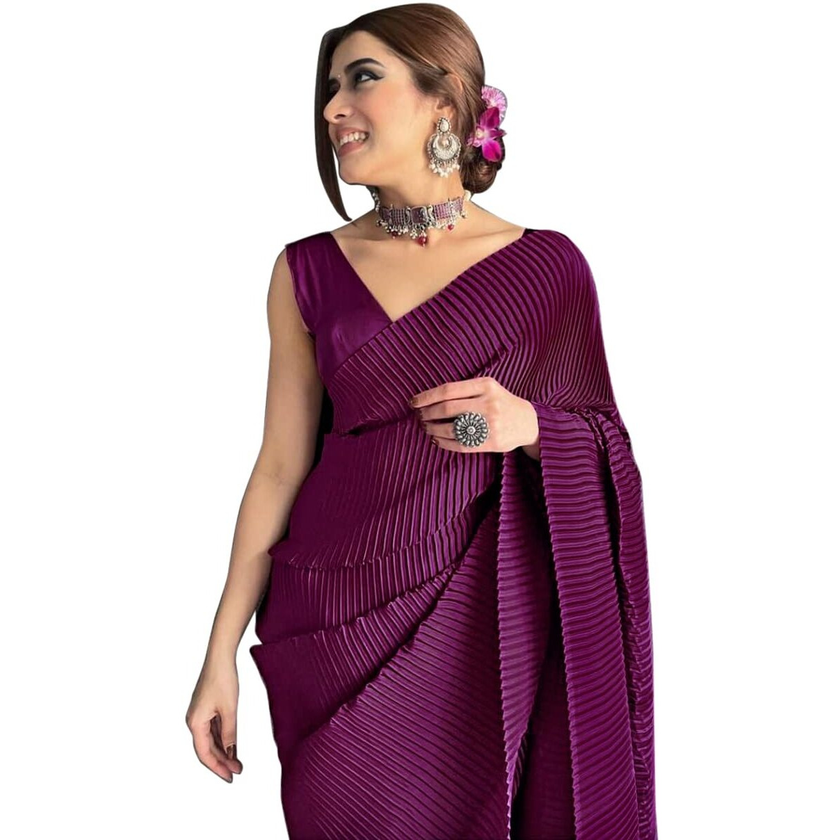Sidhidata Womens Full CrushedPleated Satin Saree With Unstitched Blouse Piece (Wine)