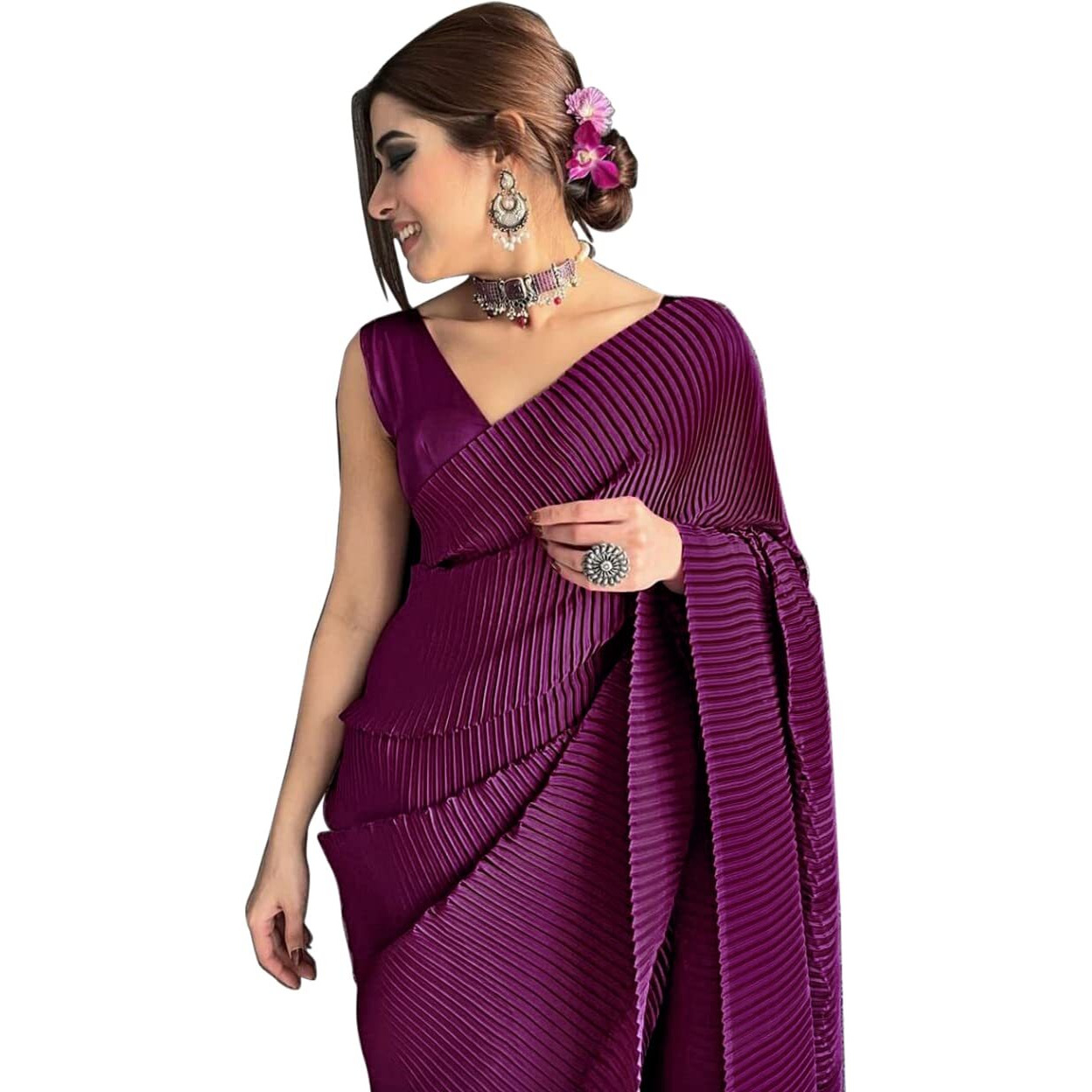 Sidhidata Womens Full CrushedPleated Satin Saree With Unstitched Blouse Piece (Wine)