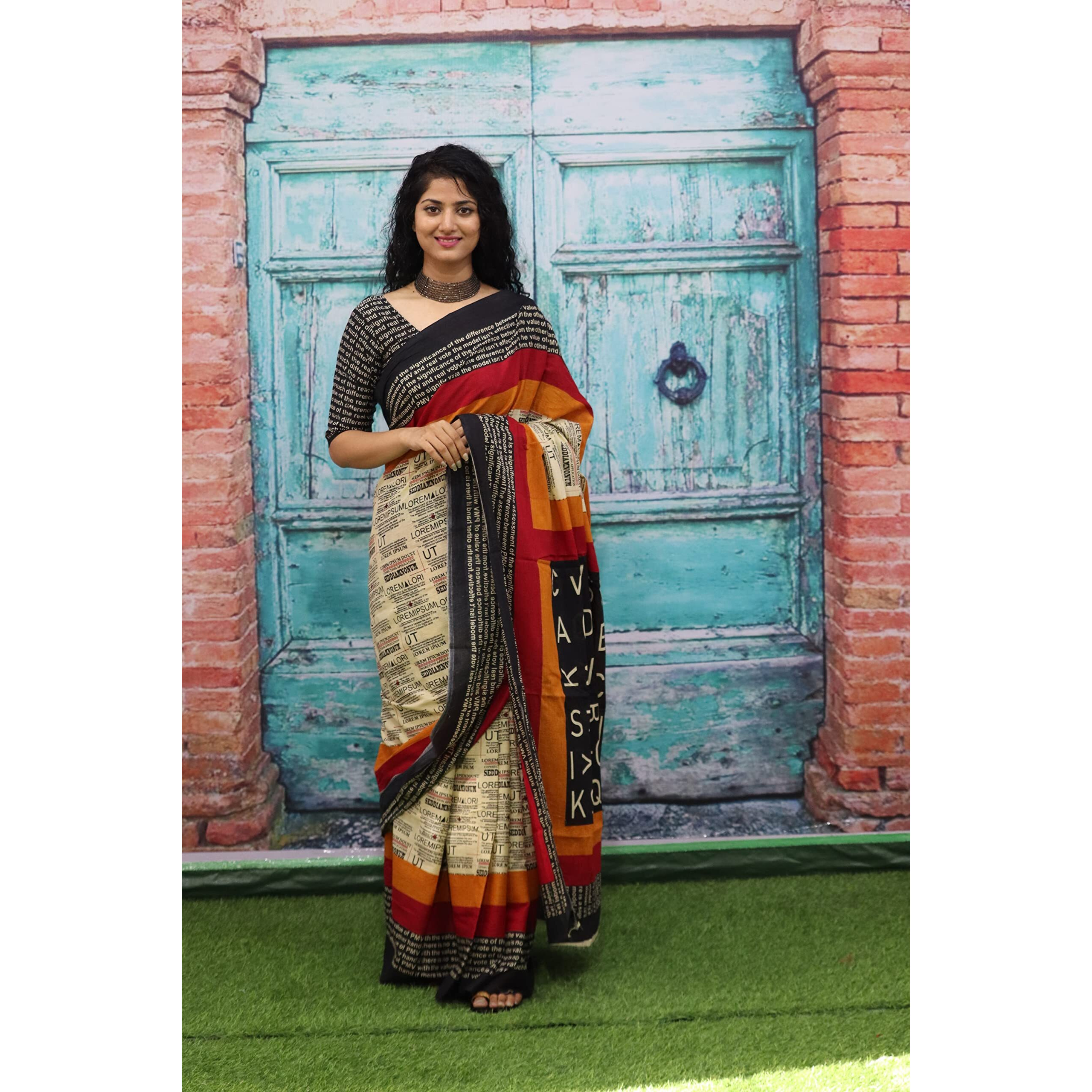 JALTHER Handicrafts Womens Ikat Hand Block Print Jaipuri Cotton Mulmul Saree with Blouse Piece - Multi_158