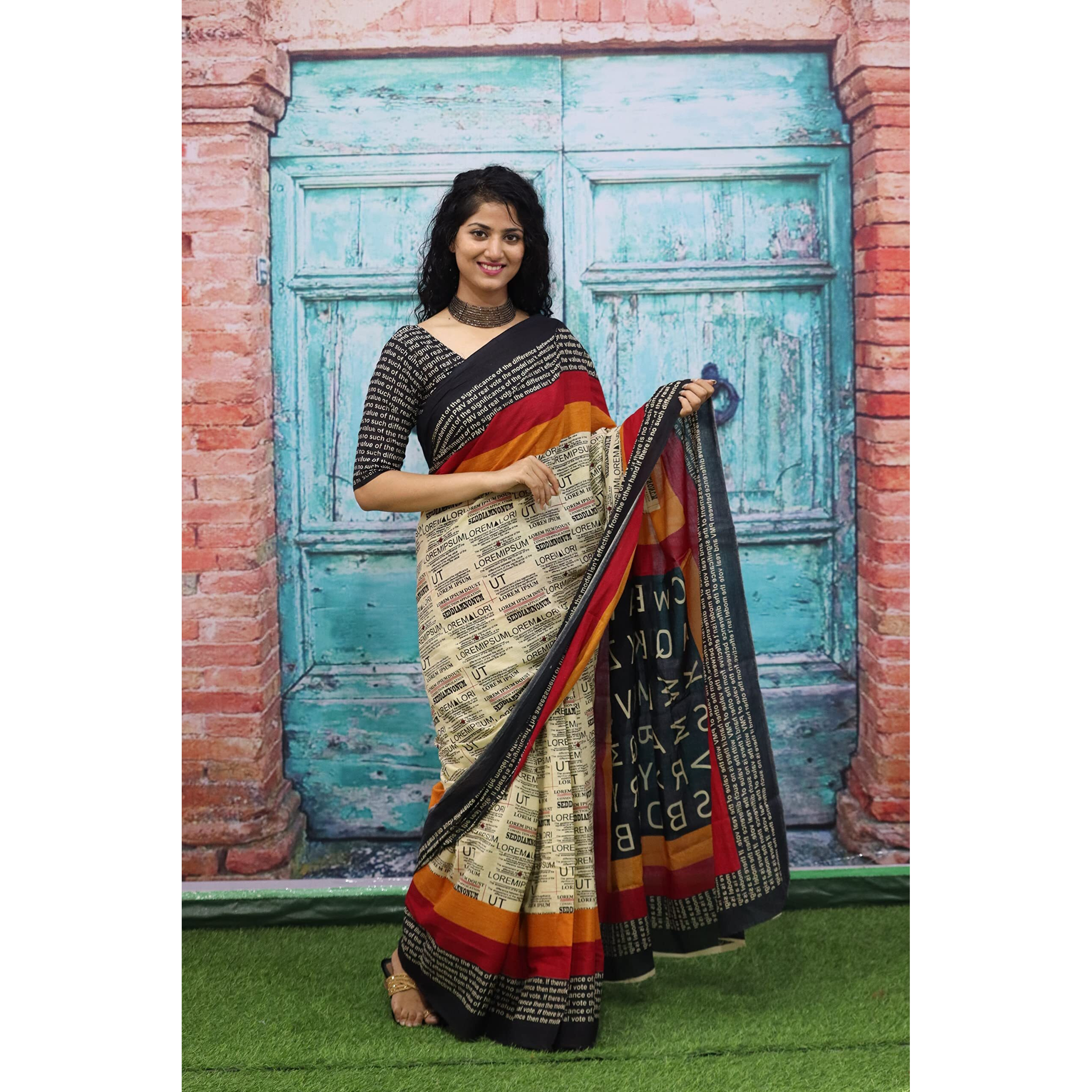 JALTHER Handicrafts Womens Ikat Hand Block Print Jaipuri Cotton Mulmul Saree with Blouse Piece - Multi_158