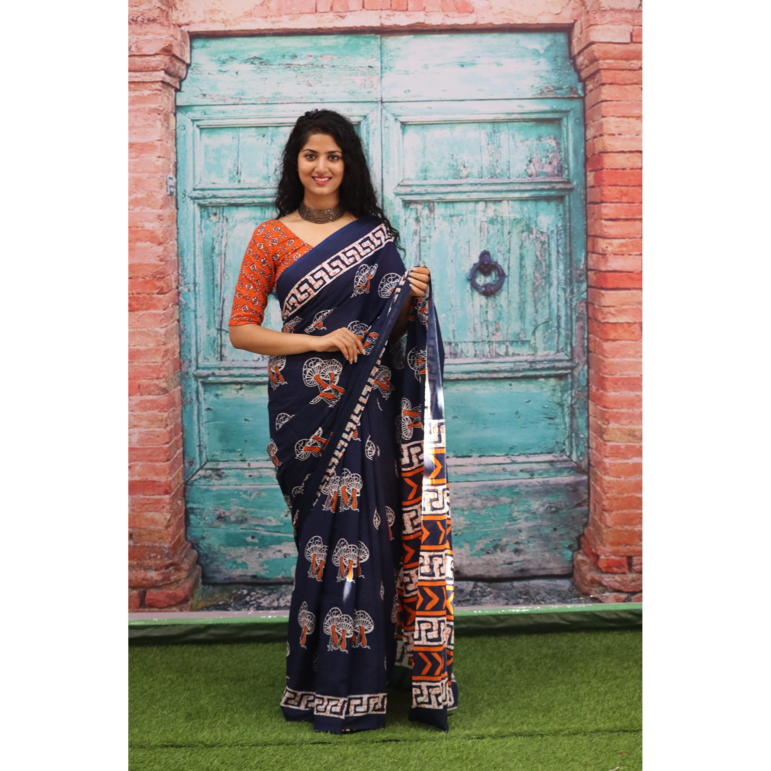 JALTHER Handicrafts Womens Ikat Hand Block Print Jaipuri Cotton Mulmul Saree with Blouse Piece - Blue_458