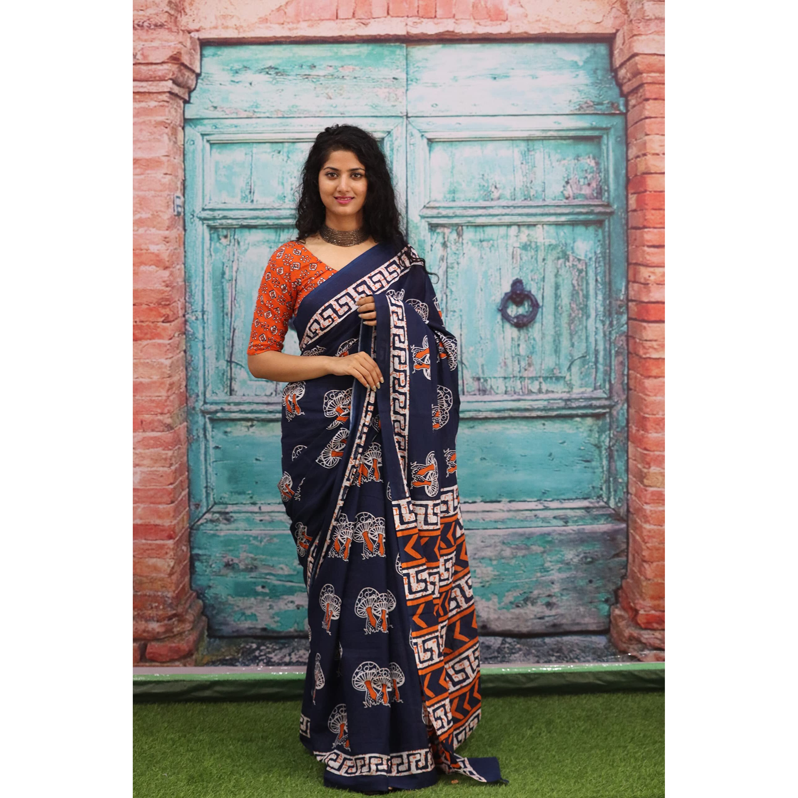 JALTHER Handicrafts Womens Ikat Hand Block Print Jaipuri Cotton Mulmul Saree with Blouse Piece - Blue_458
