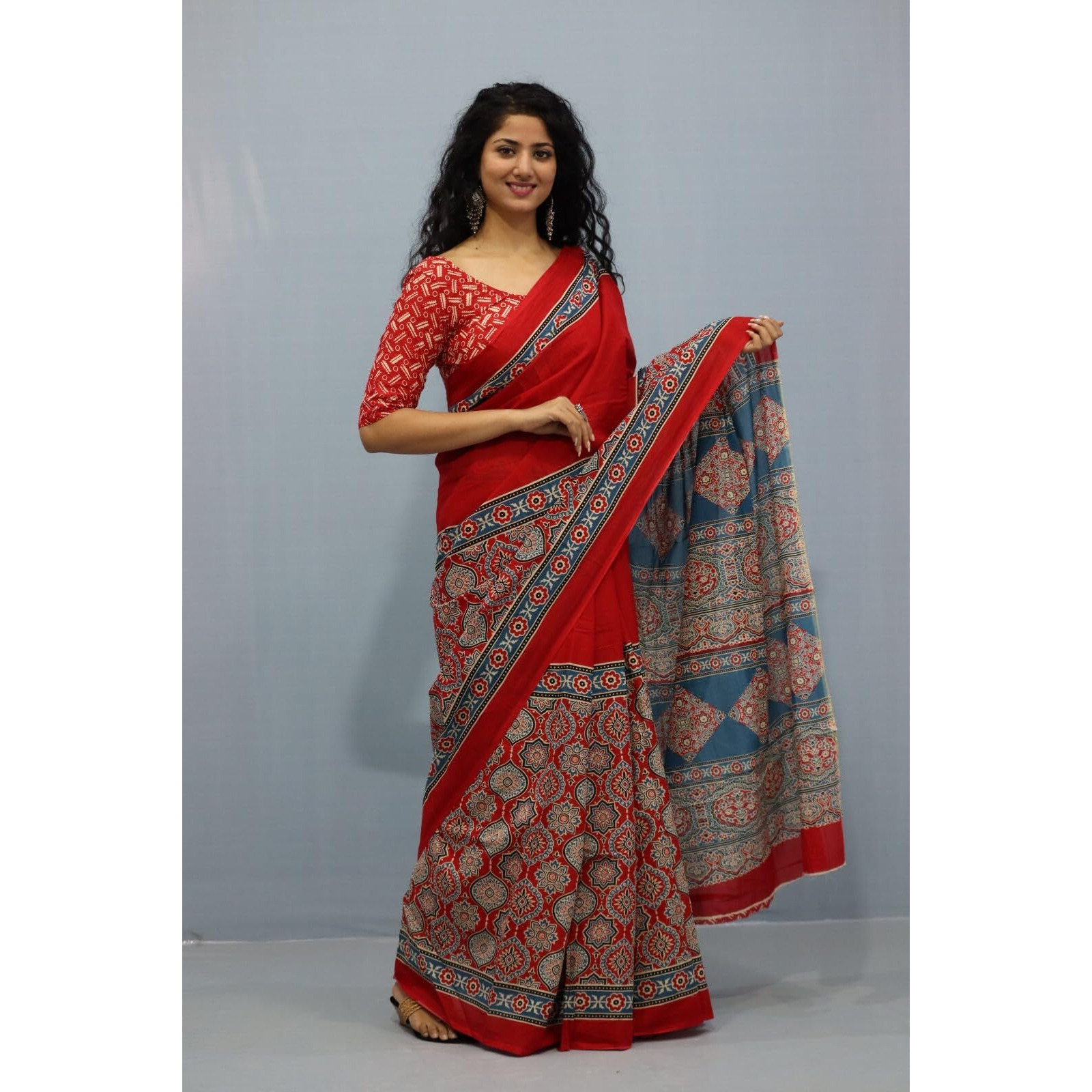 JALTHER Handicrafts Womens Ikat Hand Block Print Jaipuri Cotton Mulmul Saree with Blouse Piece - _2
